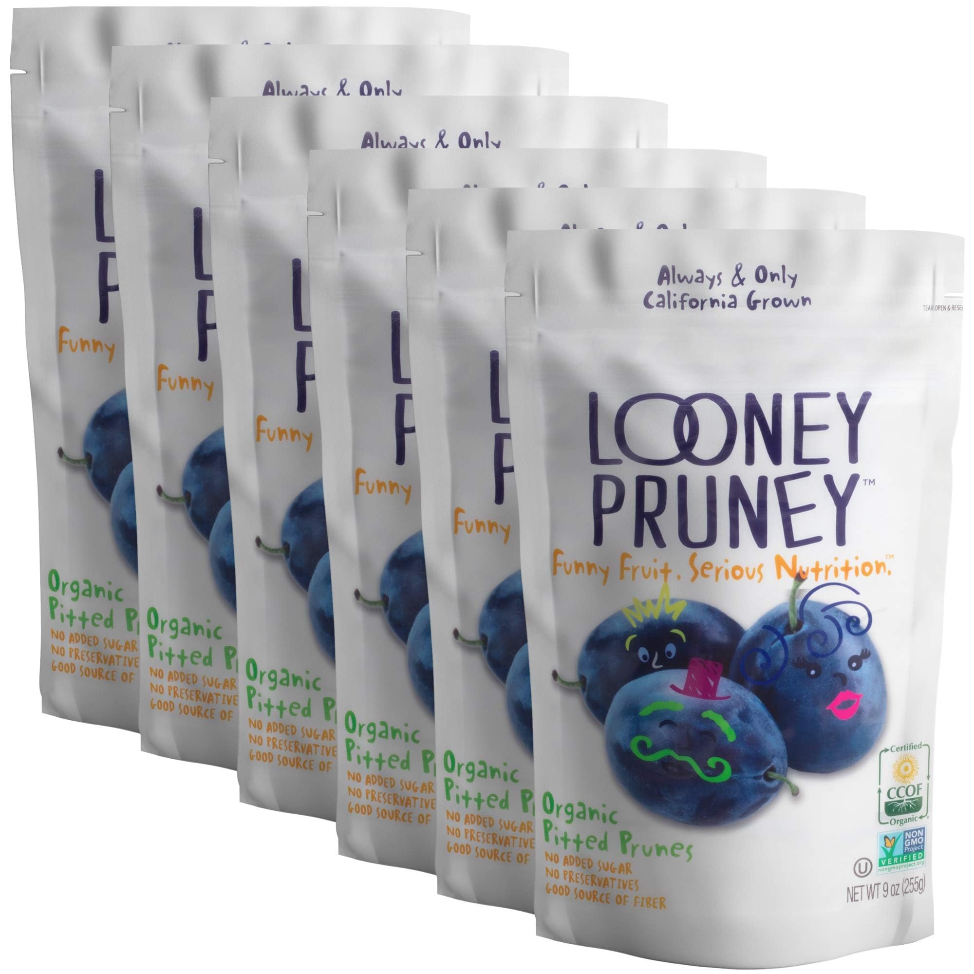 Looney Pruney Organic Pitted Dried Prunes for the Entire Family | Always California-Grown | Kosher | No Added Sugar & No Preservatives (6 pack)