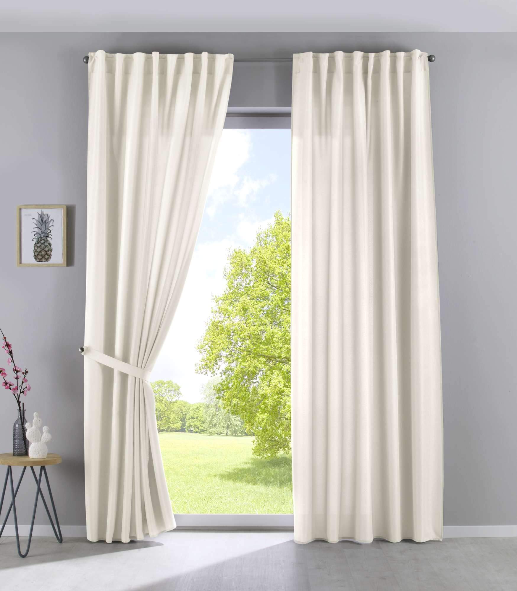 Cationic Jena 2019037-2 Set of 2 Curtains with Concealed Tab-Top 225 x 140 cm Cream Opaque Linen Look Curtains Mottled Curtain Tape with Tie Backs