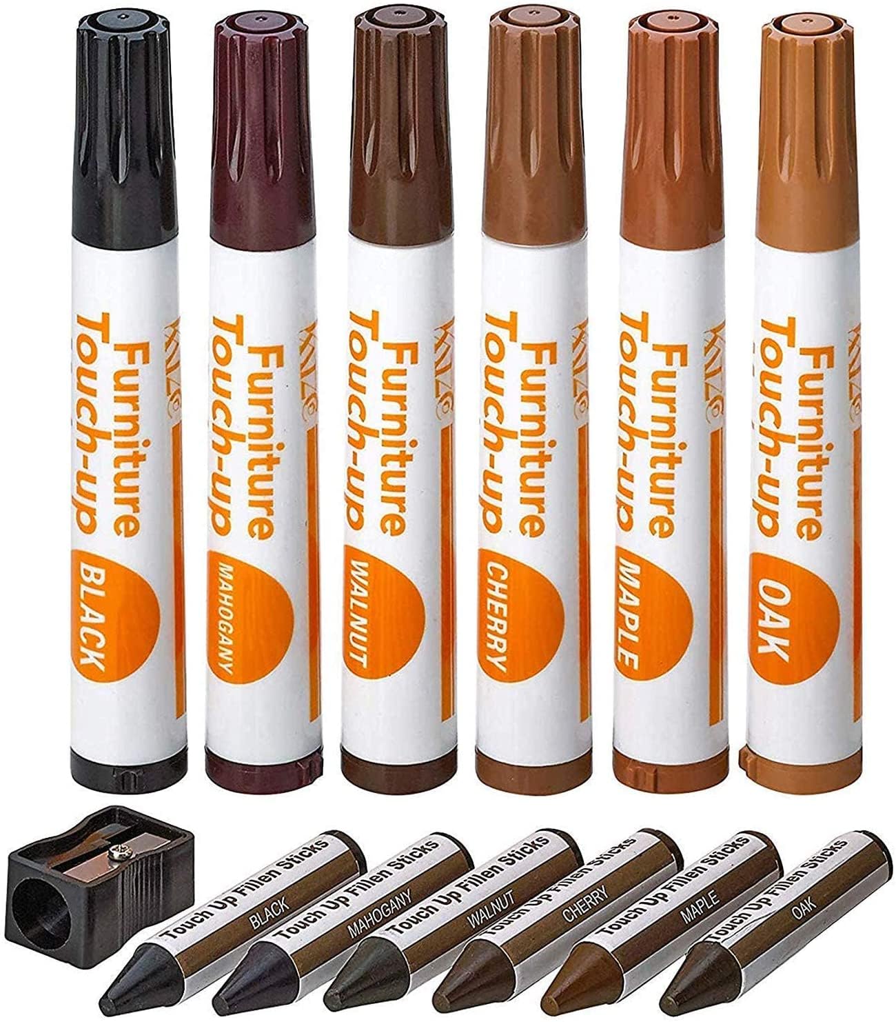 Katzco Furniture Repair Kit Wood Markers - Set of 13 - Markers and Wax Sticks with Sharpener - Wood Markers for Stains, Scratches, Floors, Furniture Repair Markers for Wood Desks, Carpenters, Touch-Up