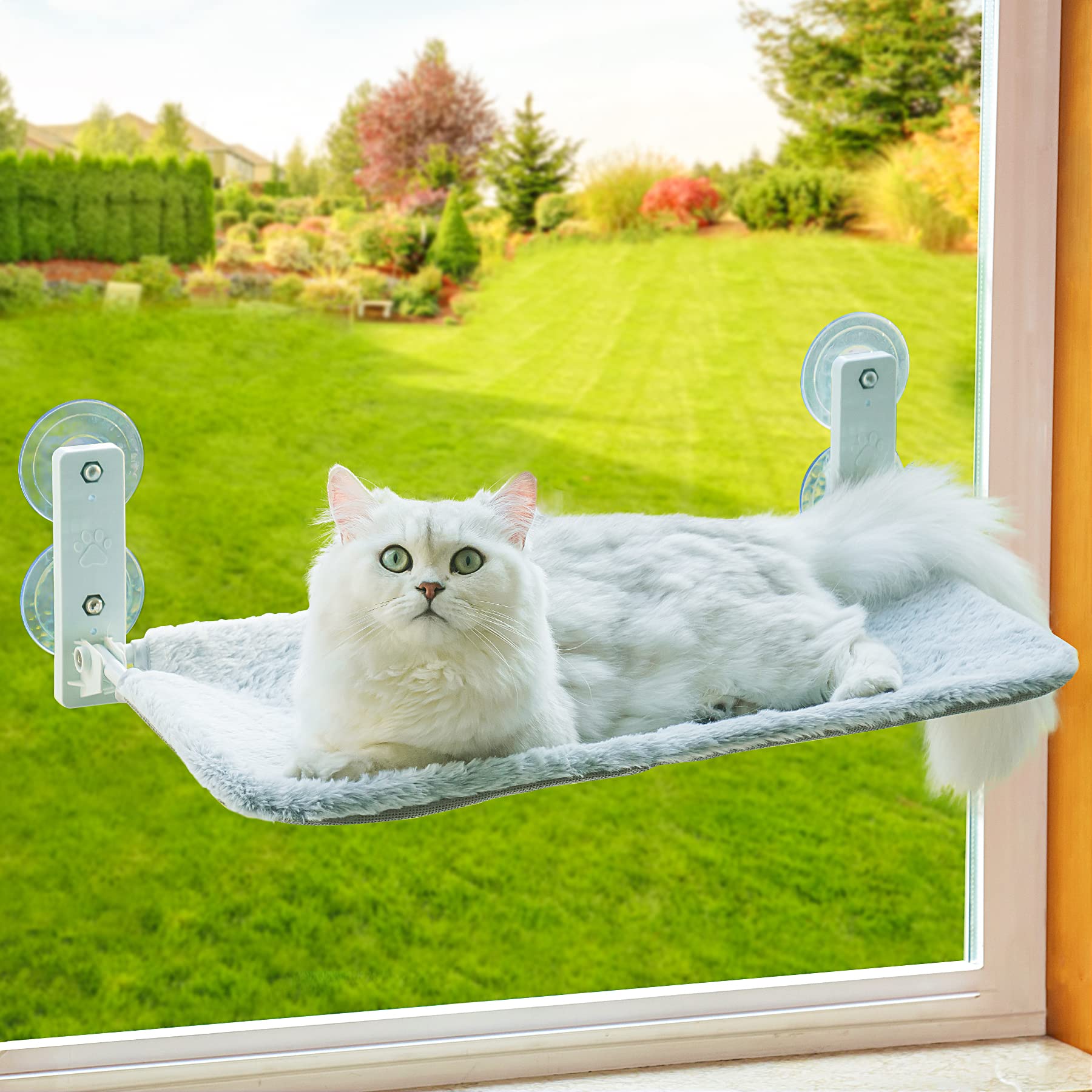 Foldable Cat Window Perch, Cat Window Hammock with Strong Suction Cups, Cat Window Bed with Steel Frame and Removable Cushion Cover, Cat Hammock Cat Window Seat for Indoor Cats (Grey, Medium)