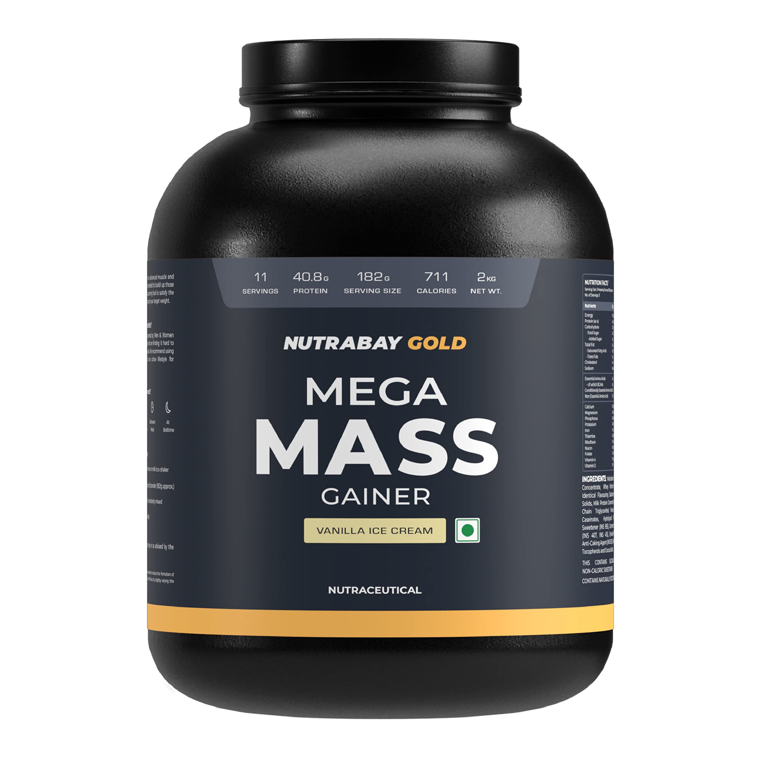 Nutrabay Gold Mega Mass Gainer Protein Supplement Powder - Complex Carbs to Protein Blend (3:1), 40g Protein, 714 Caloreis, 7.8g BCAAs - 2 Kg, Vanilla Ice Cream