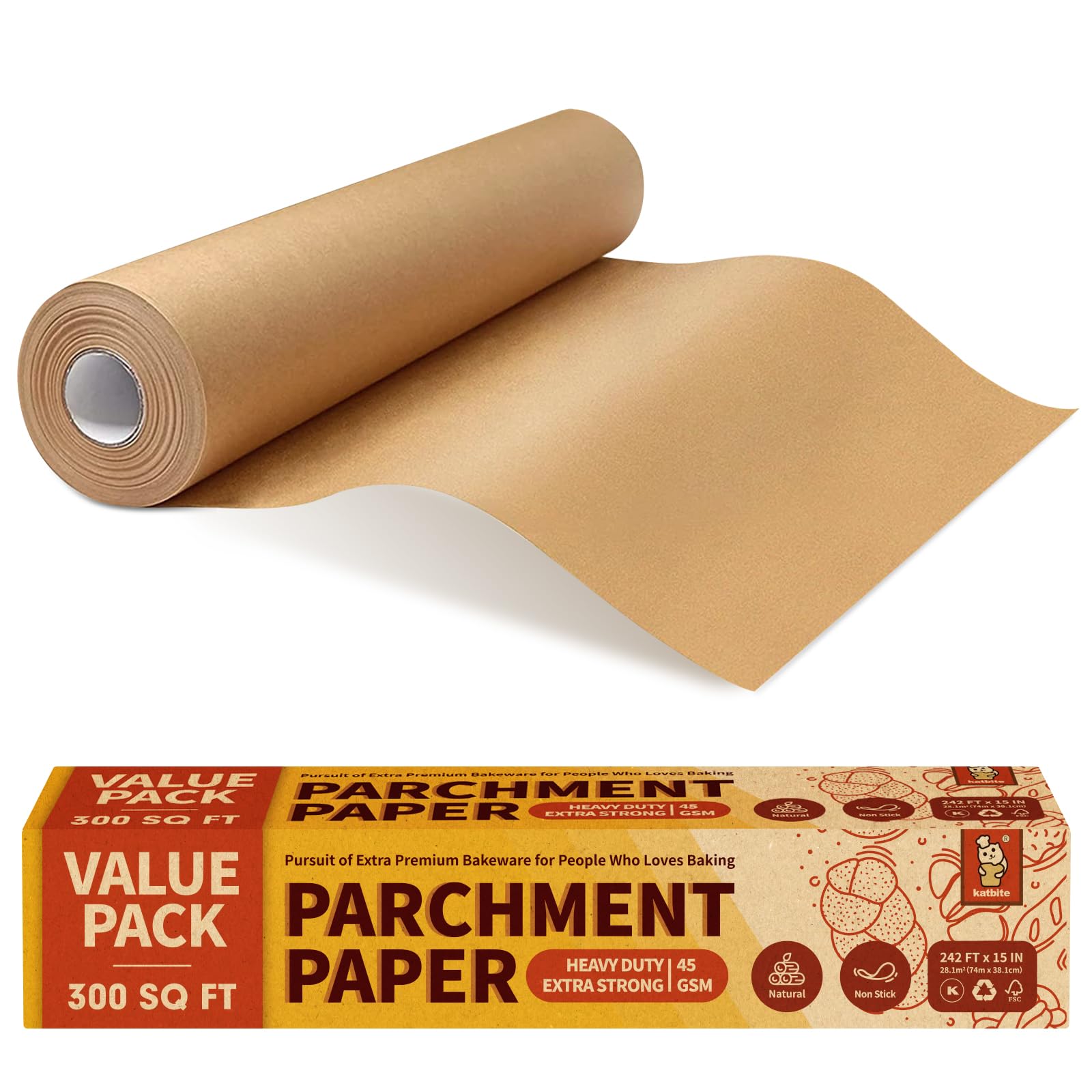 Katbite 15in x 242ft Unbleached Parchment Paper Roll for Baking, Parchment Baking Paper with Serrated Cutter, Heavy Duty & Non-stick Brown Parchment Roll for Cooking, Air Fryer, Steaming, Bread