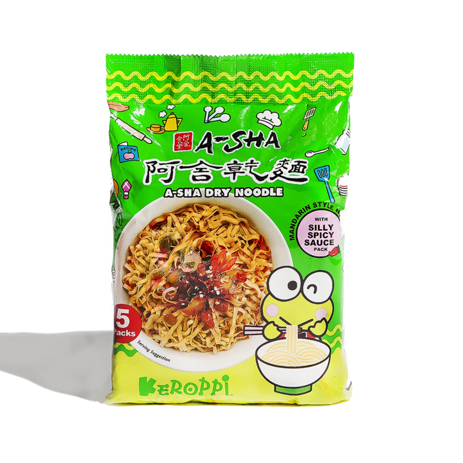 A-SHA X Hello Kitty Healthy Ramen Noodles, Medium-Width Mandarin Style Ramen Noodles, 1 Bag, 5 Servings(95g/serving)) (Keroppi Silly Spicy)