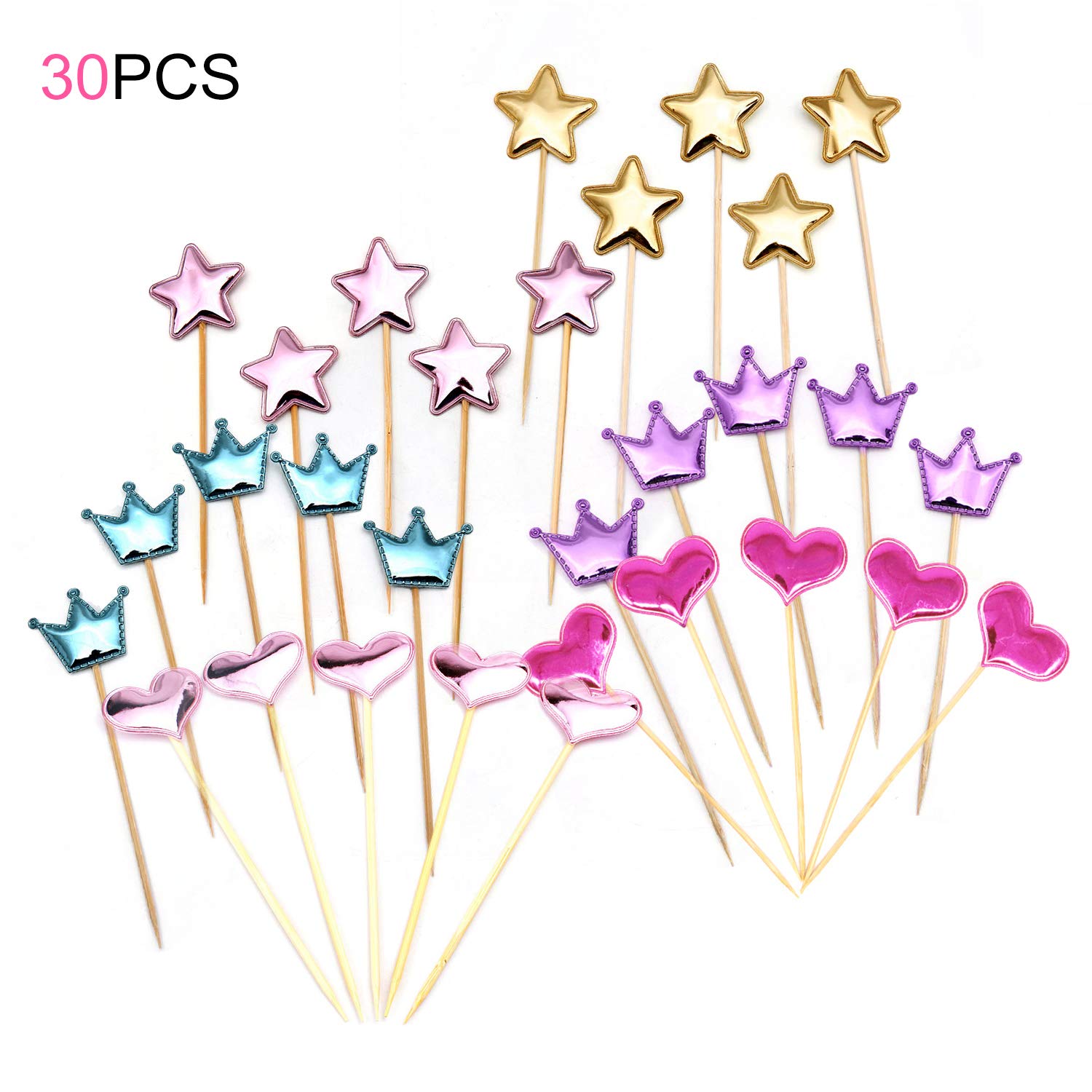 Kitchen-dream 30Pcs Lovely PU Leather Shape of Crown, Pentagram, Heart Cupcake Topper for Cocktail Sticks Food Toothpick Party Wedding Cake Topper Decorations