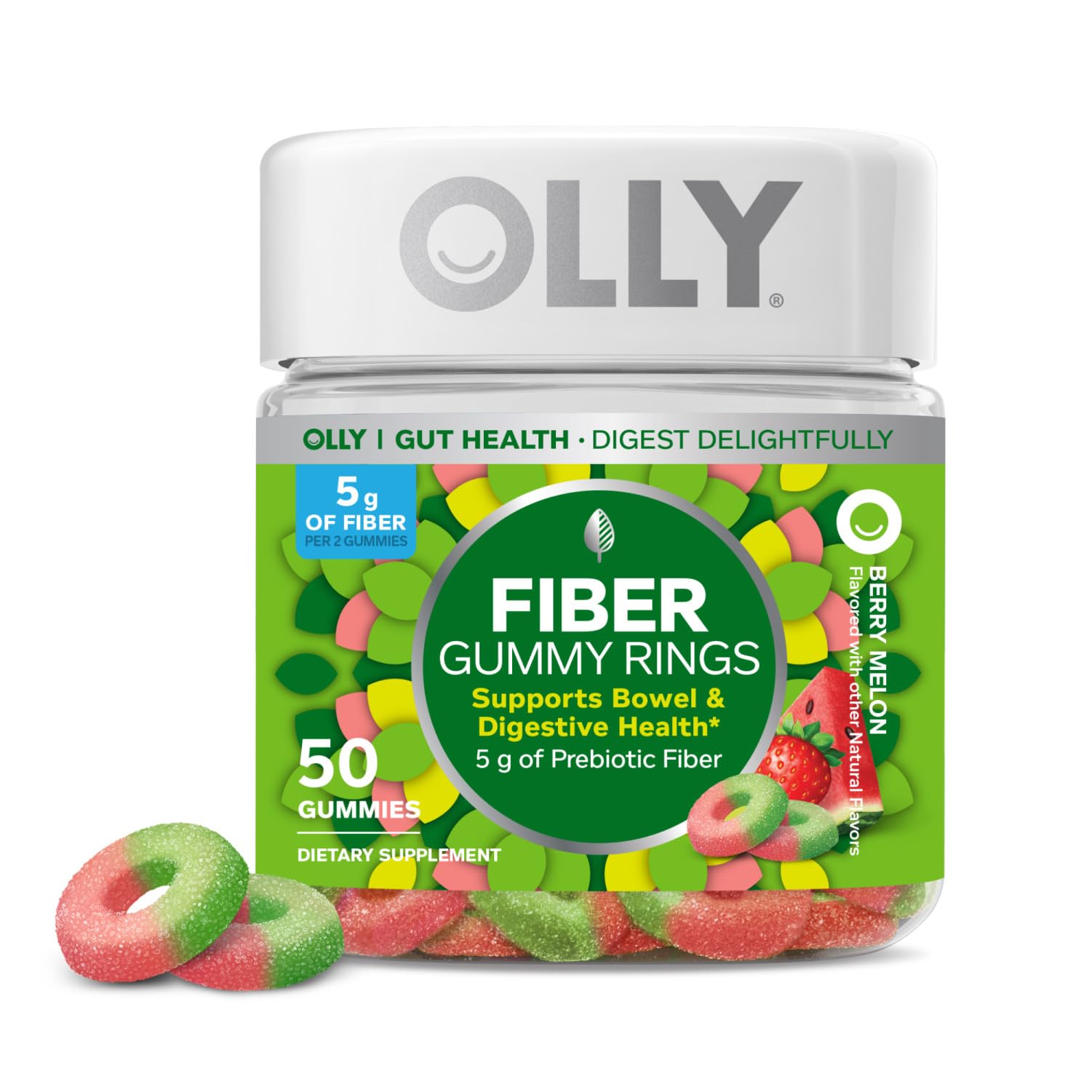 OLLY Fiber Gummy Rings, 5g Prebiotic Fiber, FOS (Fructo-oligosaccharides), Digestive Support, Berry Melon 50ct