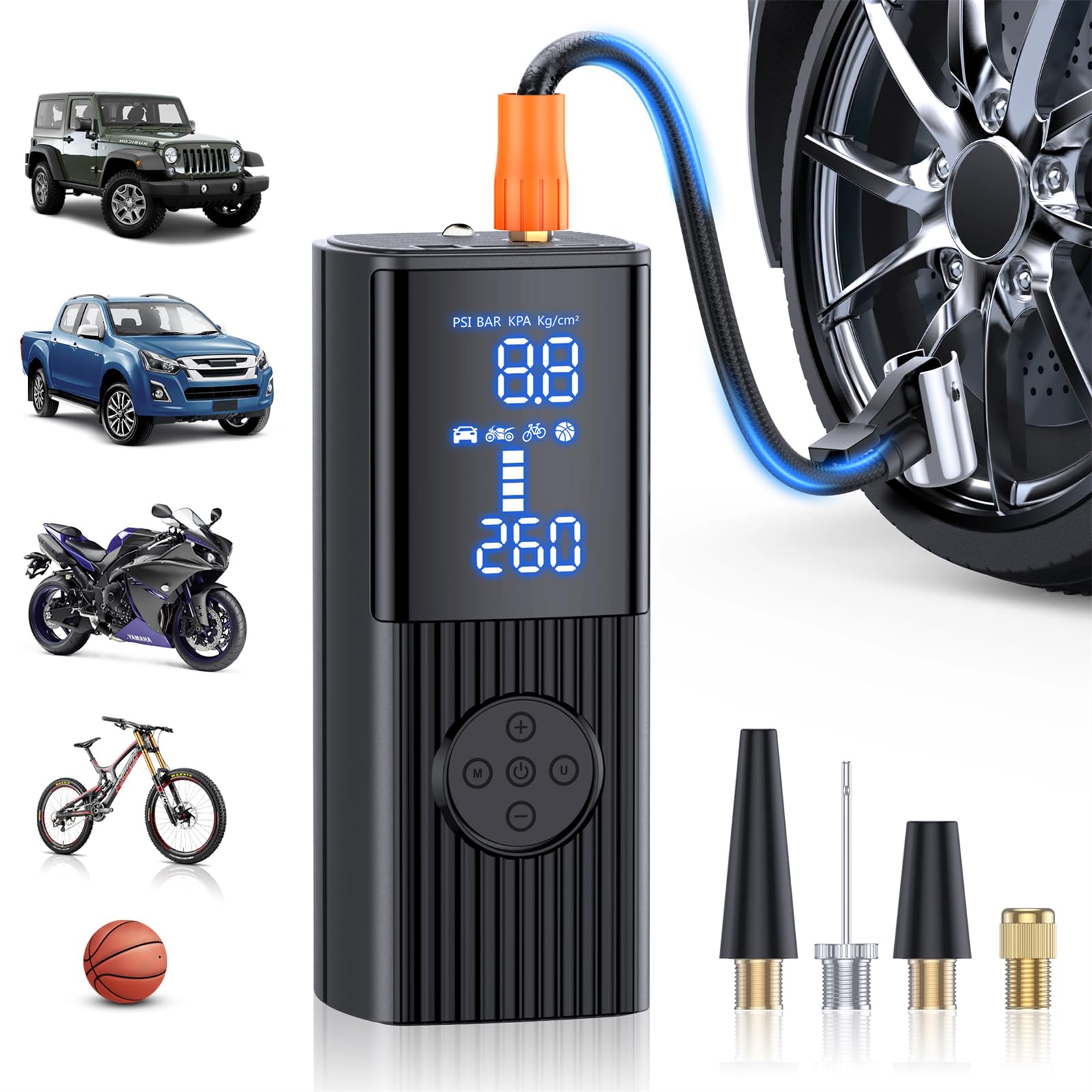 Tire Inflator Portable Air Compressor-180PSI & 20000mAh Portable Air Pump, Accurate Pressure LCD Display, 3X Fast Inflation for Cars, Bikes & Motorcycle Tires, Balls