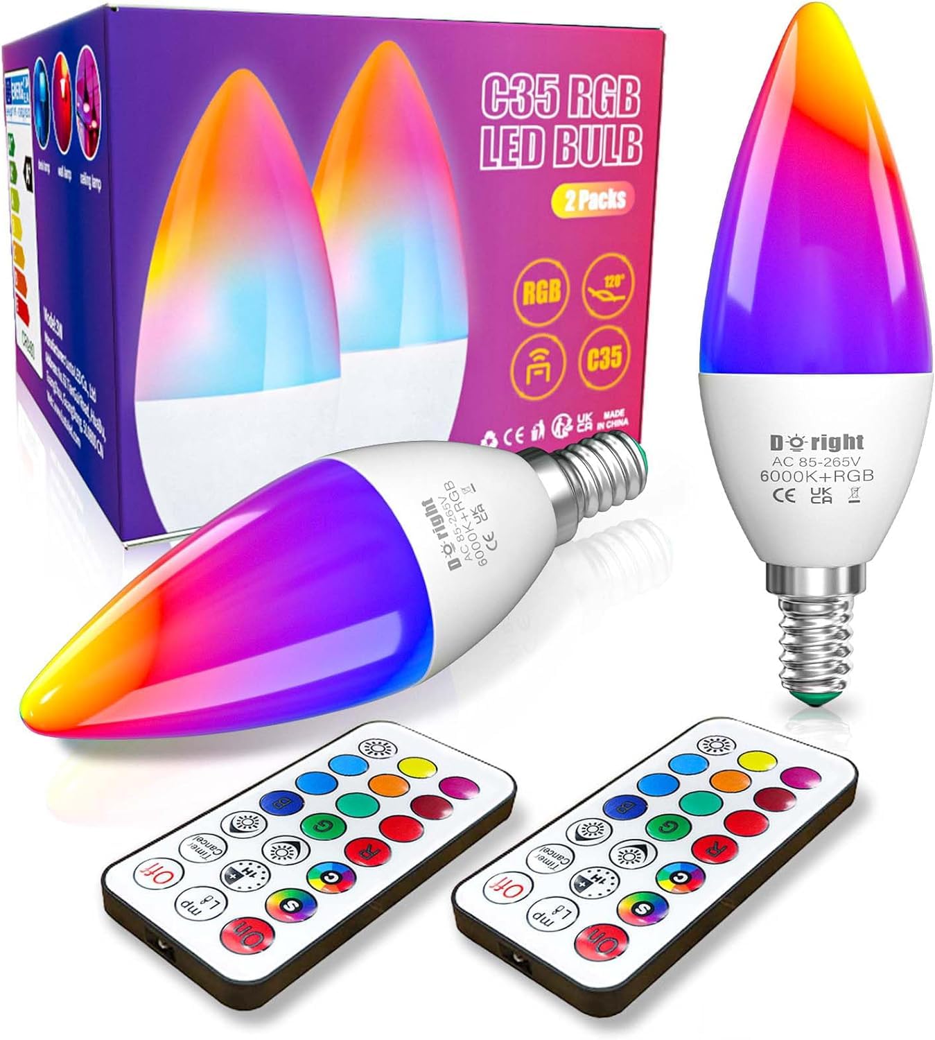 DoRight E14 LED Candle Light Bulbs Colour Changing, 3W Dimmable E14 SES RGBW Screw Bulb with Remote Control 40W Equivalent 16 Colors Mood Light, Memory & Timing Function,RGB+ Cool White 6000K (2-Pack)