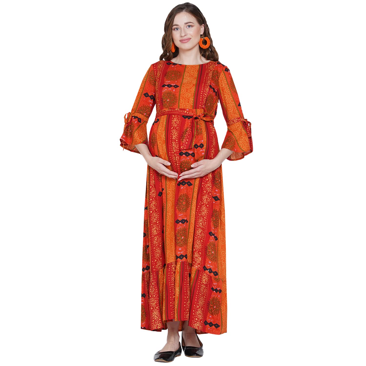 Mine4Nine Women Orange and Black Striped Maternity and Nursing Maxi Dress for Women