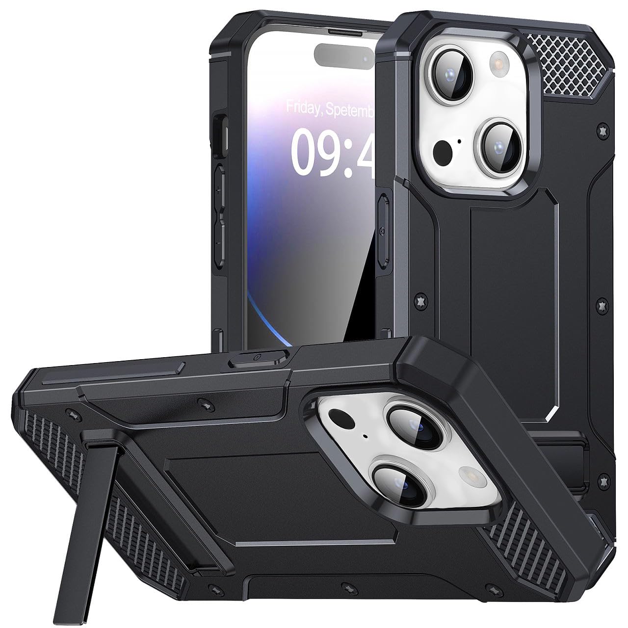 for iPhone 15 Case with Invisible Stand, [15FT Ultra Shockproof] Dual-Layer for Men Women iPhone 15 Phone Case-Carbon Black