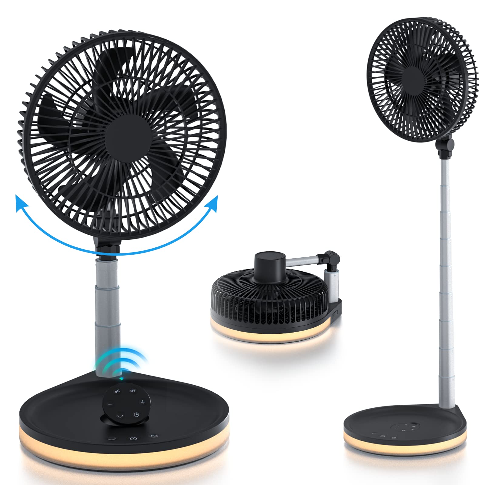 HEBRONFAN Foldable Fan Oscillation Rechargeable: 10'' 16000mah 48H Wireless Collapsible Portable Foldaway Table Fan with Remote Control & LED Lighting Adjustable Height 4 Speed for Outdoor Indoor