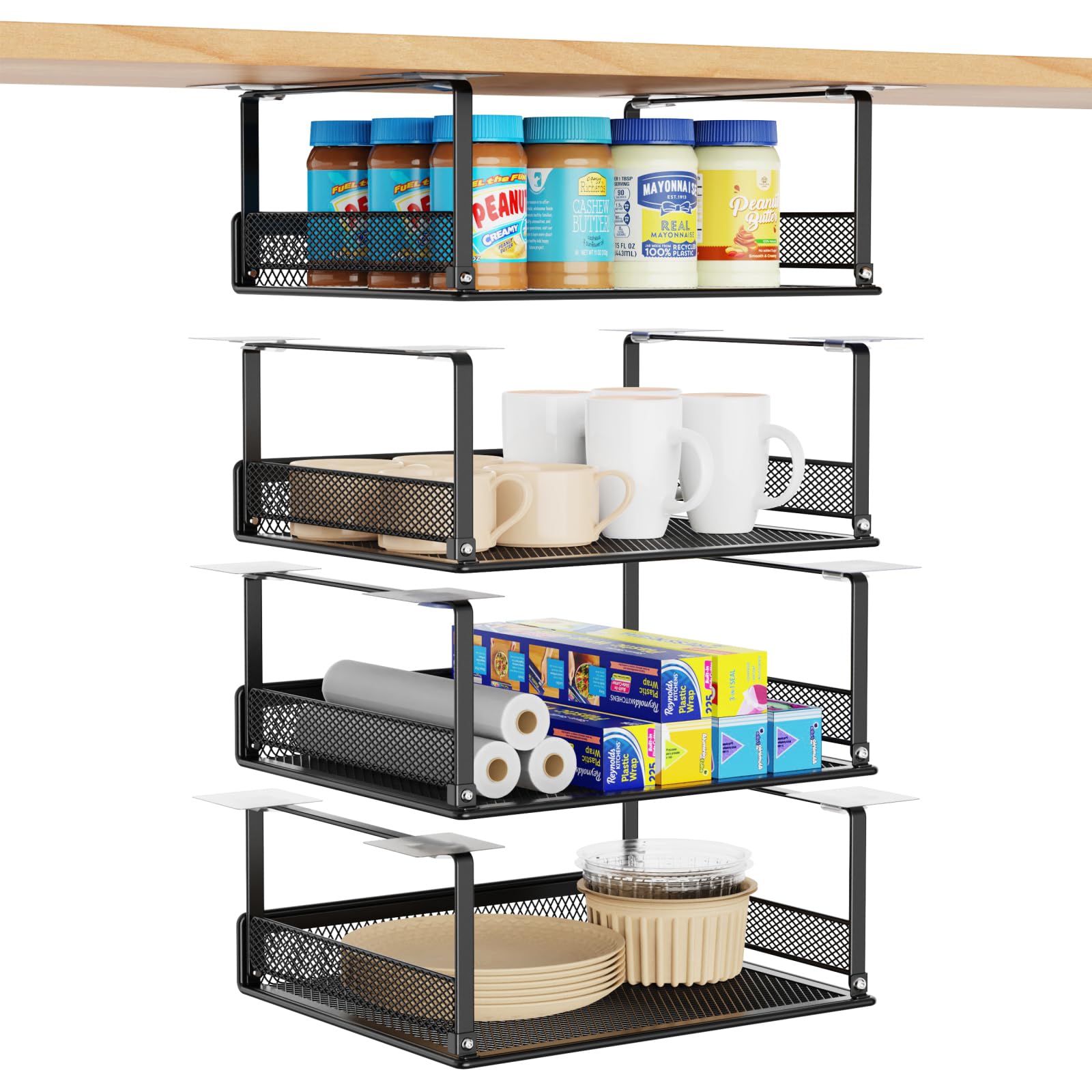 iSPECLE Under Shelf Basket - 4 Pack Under Shelf Storage Add Extra Storage Space for 15" and 30" Upper Cabinet, Easy to Install with Strong Adhesive, Under Cabinet Basket Easy Get Small Items, Black