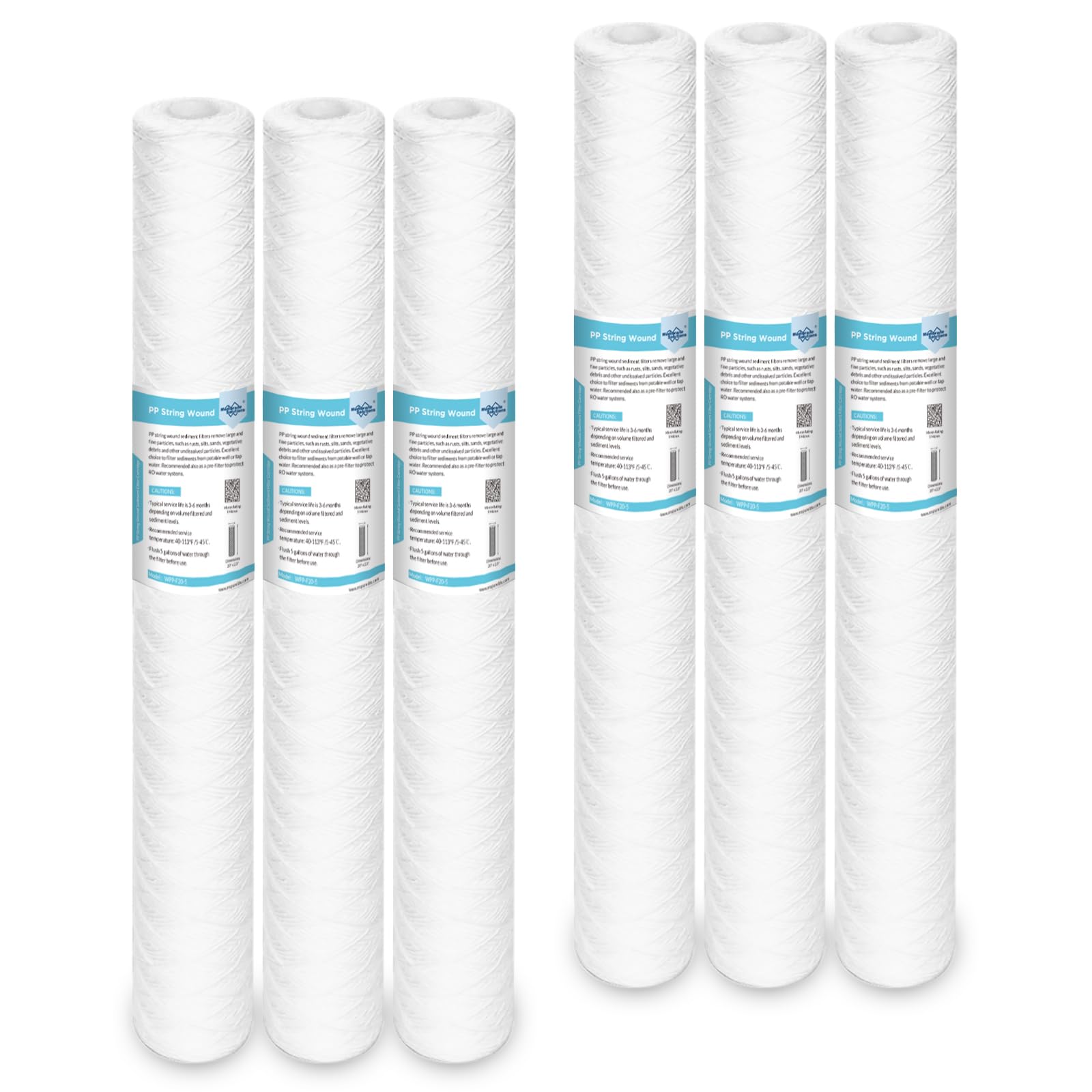 Membrane Solutions 5 Micron 2.5" OD x 20" Length Sediment Water Filter String Wound Polypropylene Cartridge for Whole House Filter Systems - 6 Pack