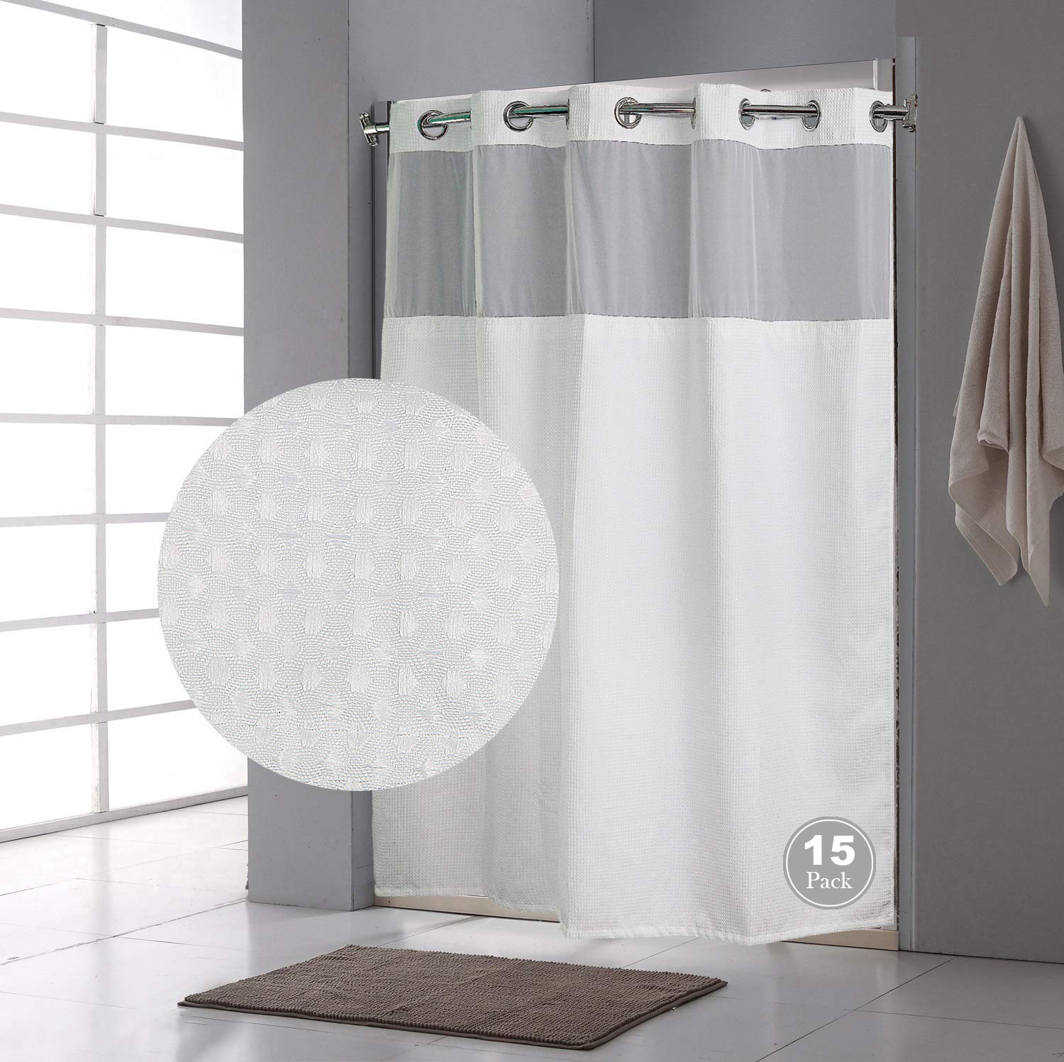 QKHook Shower Curtain with Snap in Liner 15 Packs 71x77 Inch Waffle Pattern Fabric Water Resistant