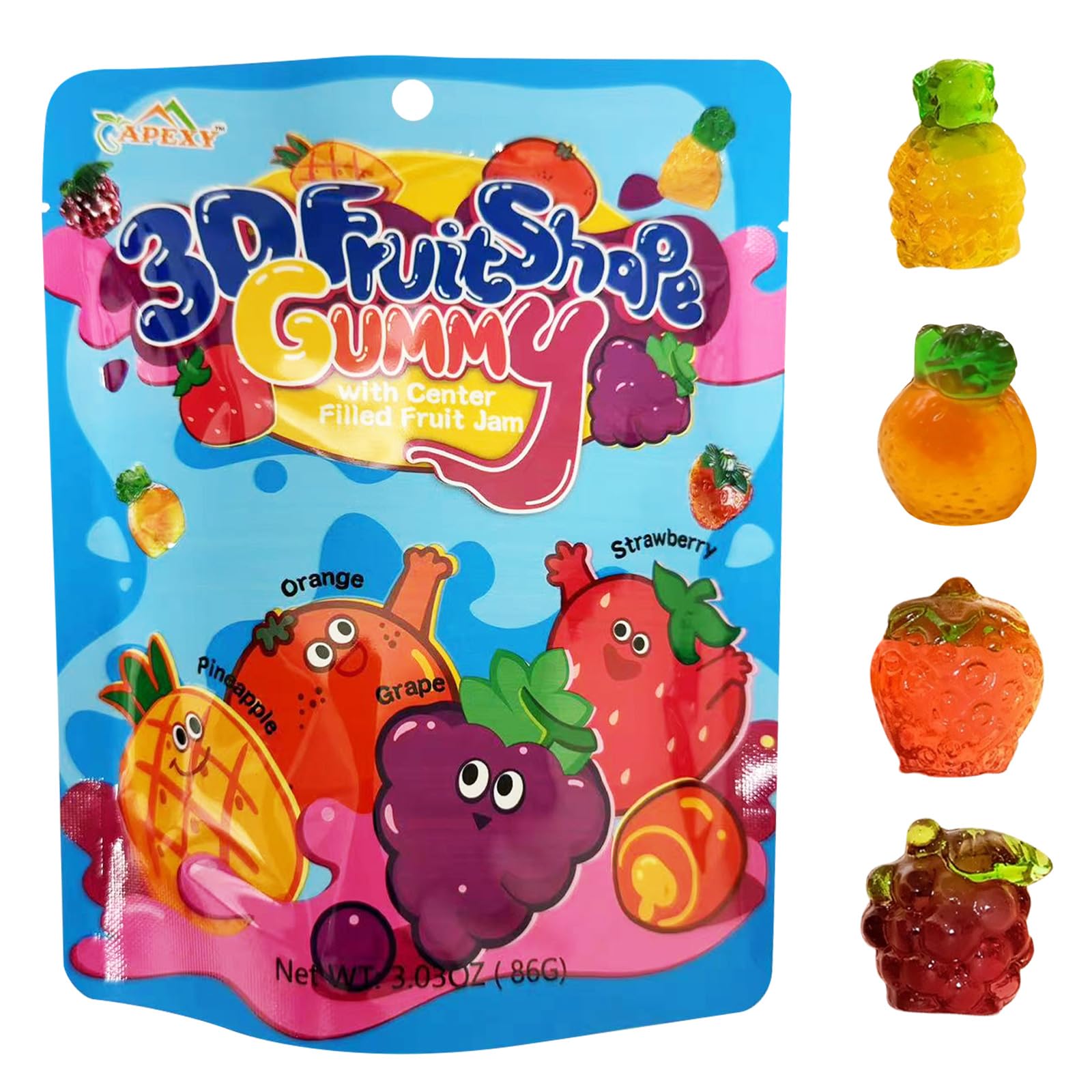 APEXY3D Fruit Gummy Candy With Center Filled Fruit Flavor Jam, Assorted Flavors, Gummy Candy Fruit Snacks, Great For Party or Cupcake Toppers, 3.03oz (Pack of 6)