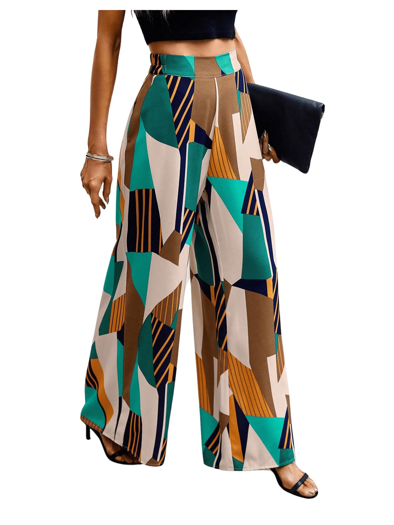 SOLY HUXWomen's High Waist Print Wide Leg Pants Boho Loose Casual Long Palazzo Fit Pants Trousers