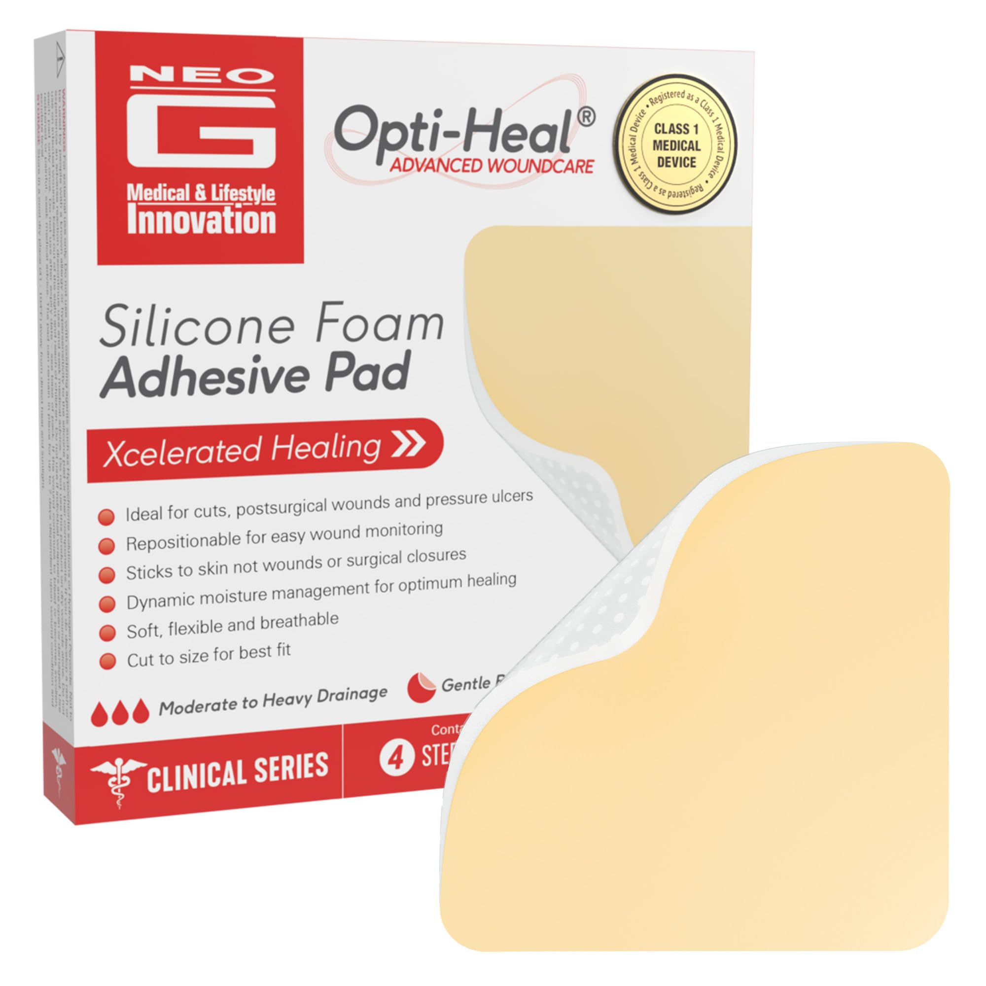 Neo G Opti-Heal Silicone Foam Adhesive Pad - Sterile Absorbent for Wounds, Cuts, Abrasions, Pressure Ulcers, Bedsores, Burns, Donor Sites