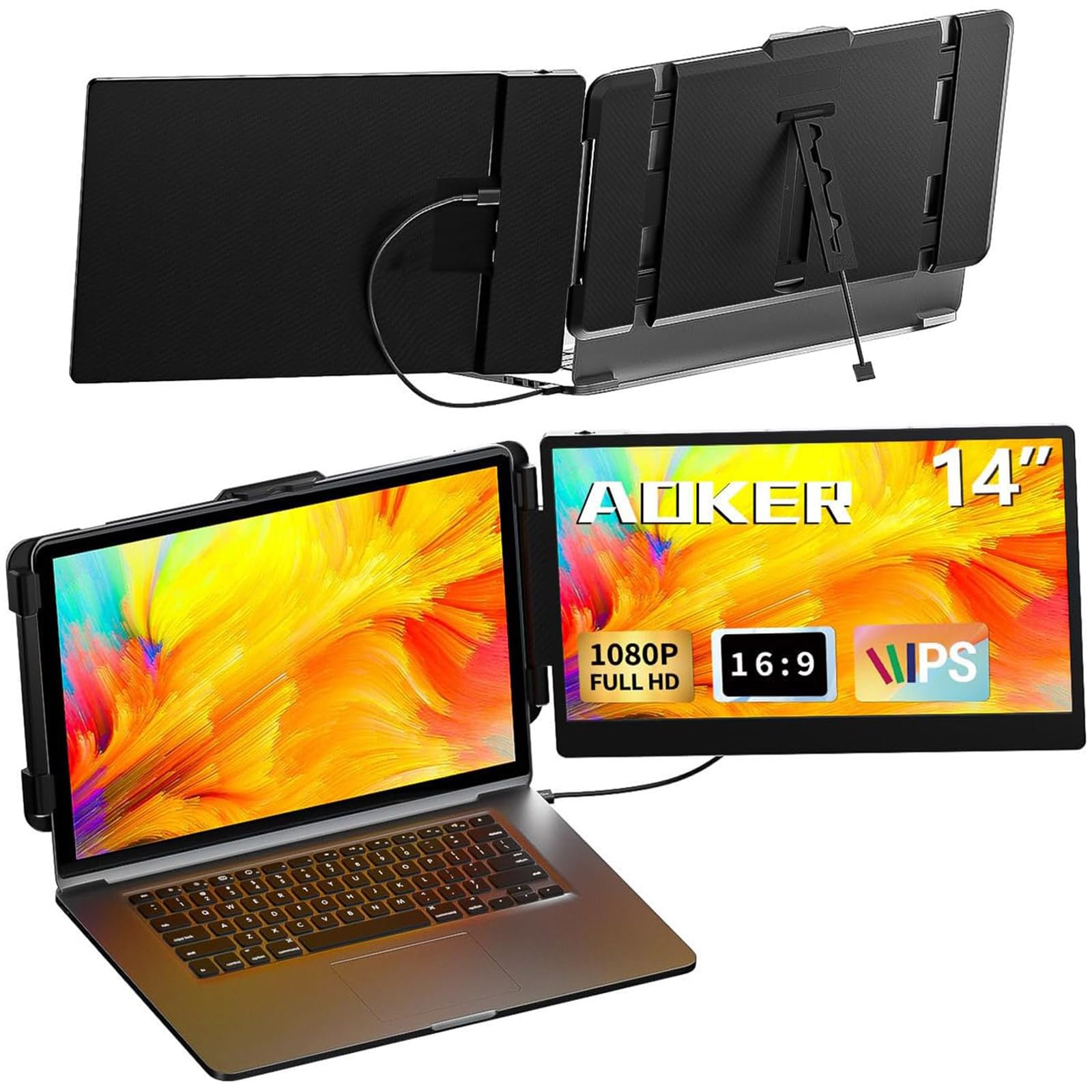 AOKER Portable Screen Extender, 14 Inch Portable Monitor for Laptop FHD 1080P IPS Dual Monitor, HDMI/USB-A/USB-C Plug-Play Portable Monitor Accessory for Windows, Chrome, Mac and NS