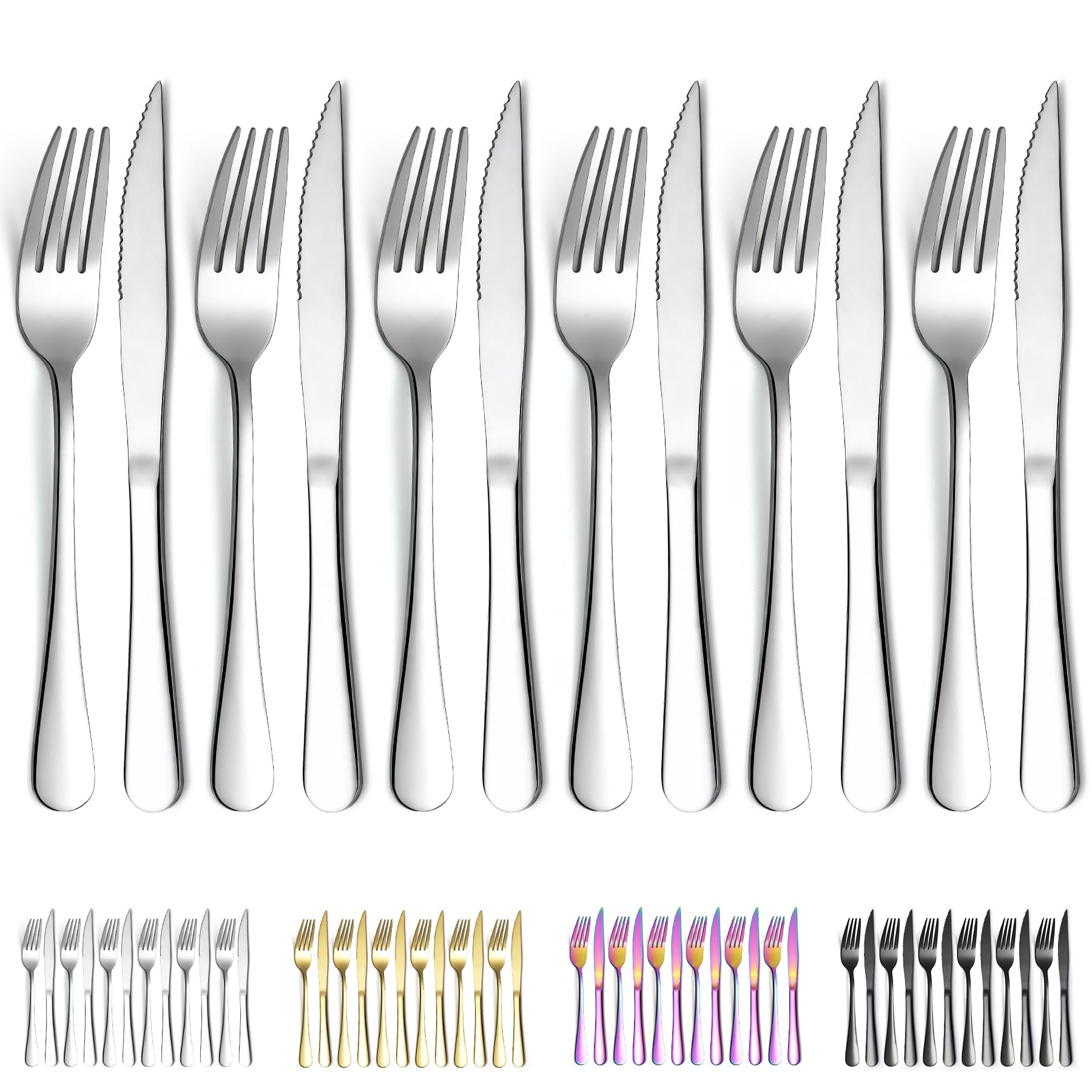 EvandaSteak Knives Set 12 Piece Service for 6, Stainless Steel 6 Dinner Forks and 6 Dinner Knives Set, Steak Knives Steak Forks, Dishwasher Safe