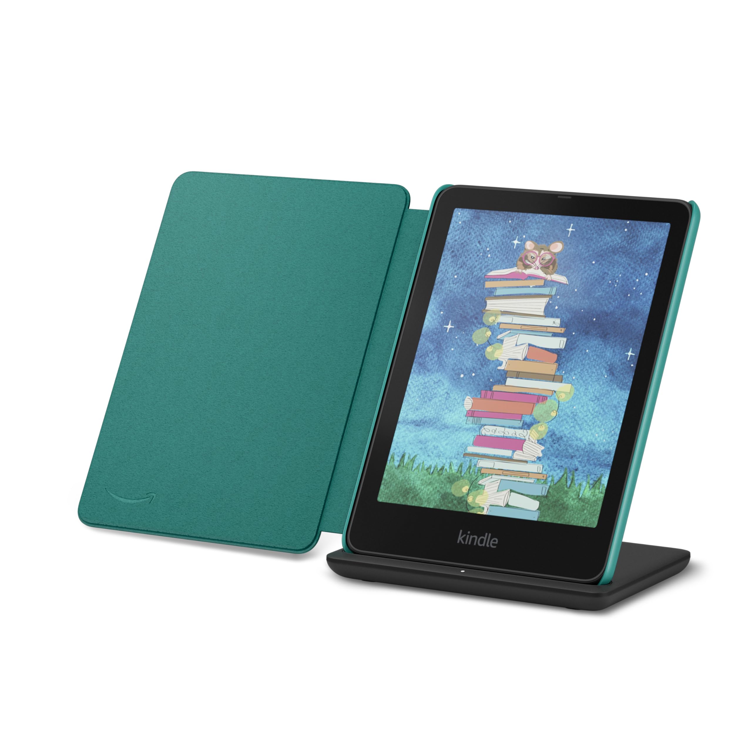 Introducing Amazon Kindle Colorsoft Signature Edition Essentials Bundle including Kindle Colorsoft Signature Edition (32GB)- Black, Plant-Based Leather Cover-Jade and Wireless Charging Dock