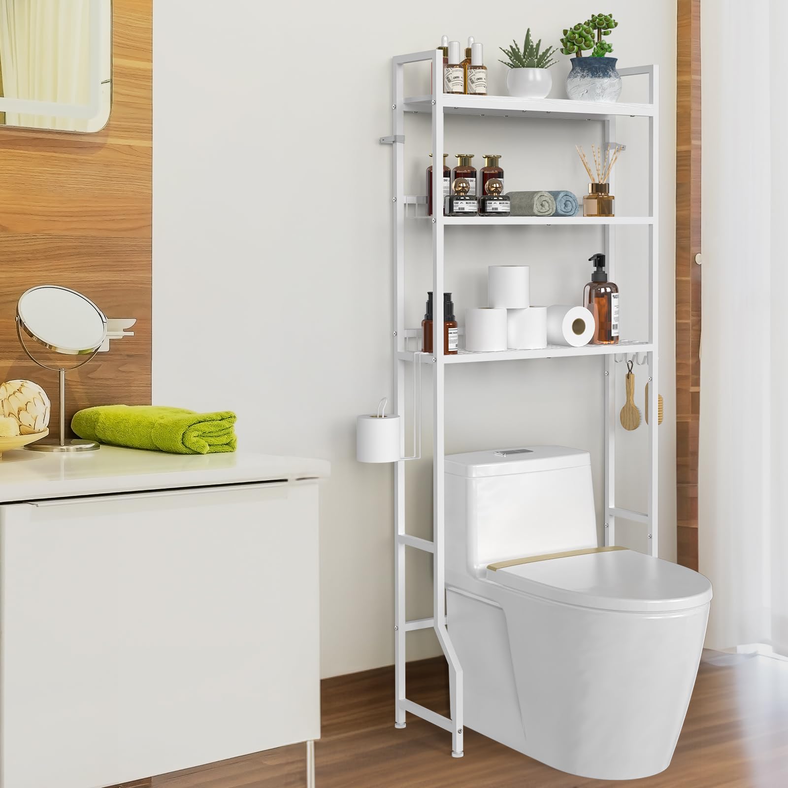 YBINGOver The Toilet Storage 3 Tier Over Toilet Shelf Organizer Freestanding Bathroom Above Toilet Stand White Over Toilet Space Saver Rack with Metal Roll Holder and Hooks for Restroom