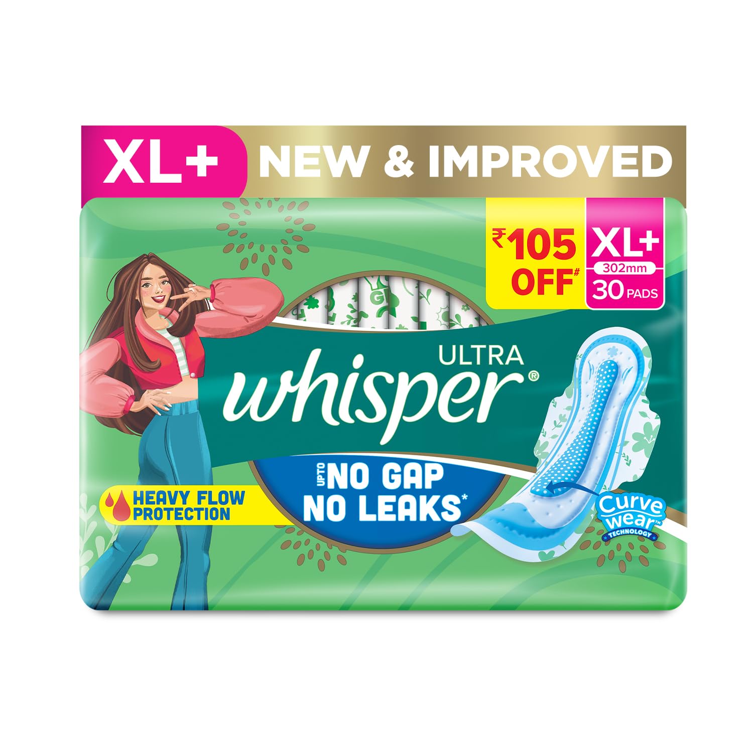 Whisper Ultra Clean Sanitary Pads - 30 Pieces (XL Plus)