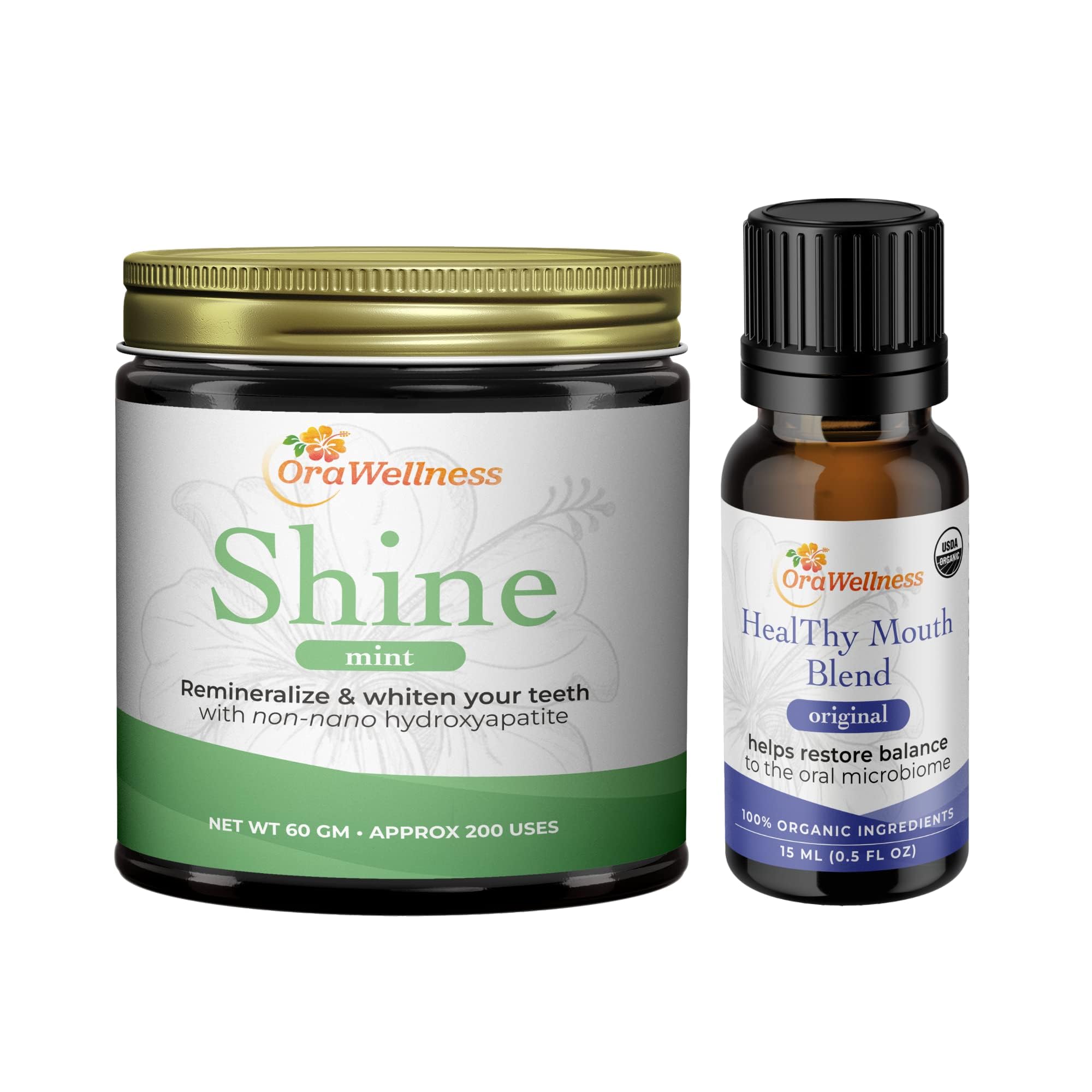 OraWellness Shine Remineralizing Natural Teeth Whitening Powder in Mint + Healthy Mouth Blend Organic Toothpaste & Mouthwash Alternative Tooth Oil