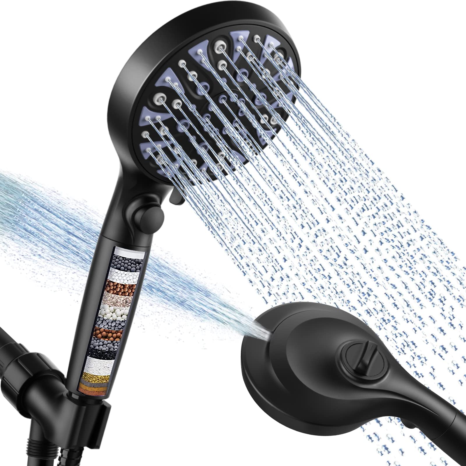 Handheld Shower Head with Removable Filter, High Pressure 10 Spray Settings Showerhead with ON/OFF Pause Switch, 15 Stage Water Softener Filters for Hard Water Remove Chlorine(Dazzle Black)