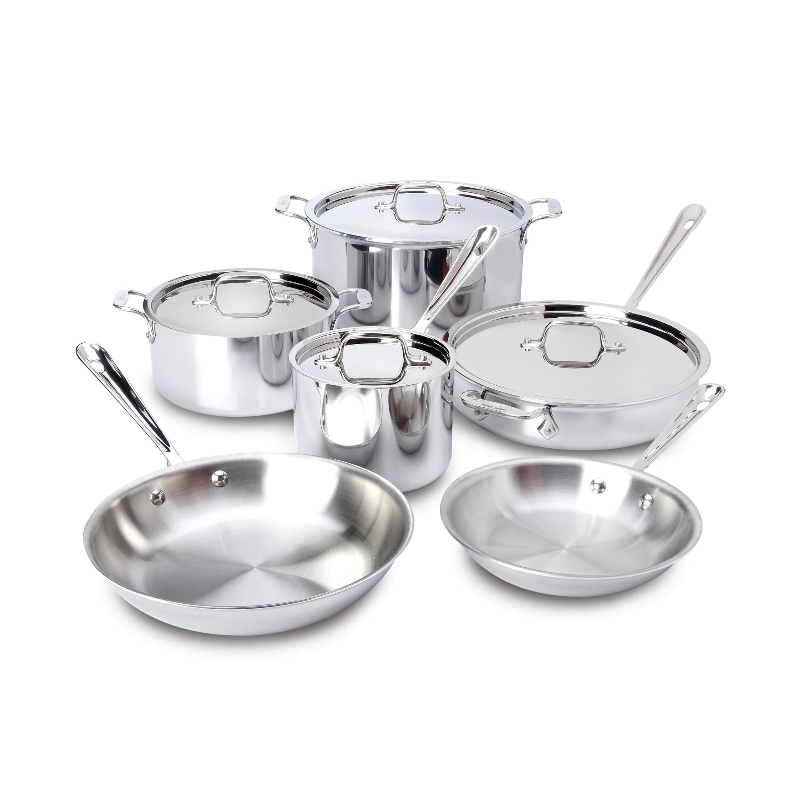 All-CladD3 3-Ply Stainless Steel Cookware Set 10 Piece, Induction, Oven Broiler Safe 600F, Kitchen Cooking Set w/ Frying Pans, Saucepans, Saute Pan, Stockpot and Soup Pot, Pots and Pans, Silver