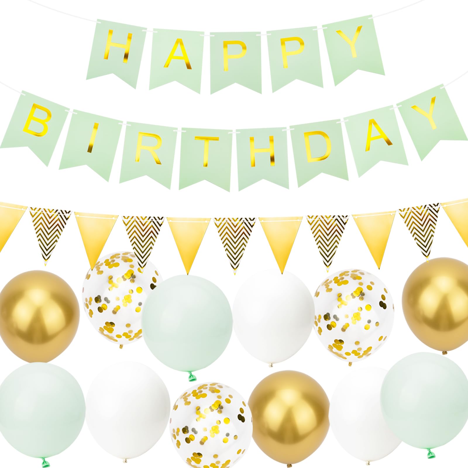 Happy Birthday Banner, Green and Gold Birthday Decoration, Happy Birthday Balloon Banner Bunting, 12 inch Latex Happy Birthday Balloons Birthday Decorations Supplies for Birthday Party Decorations.…