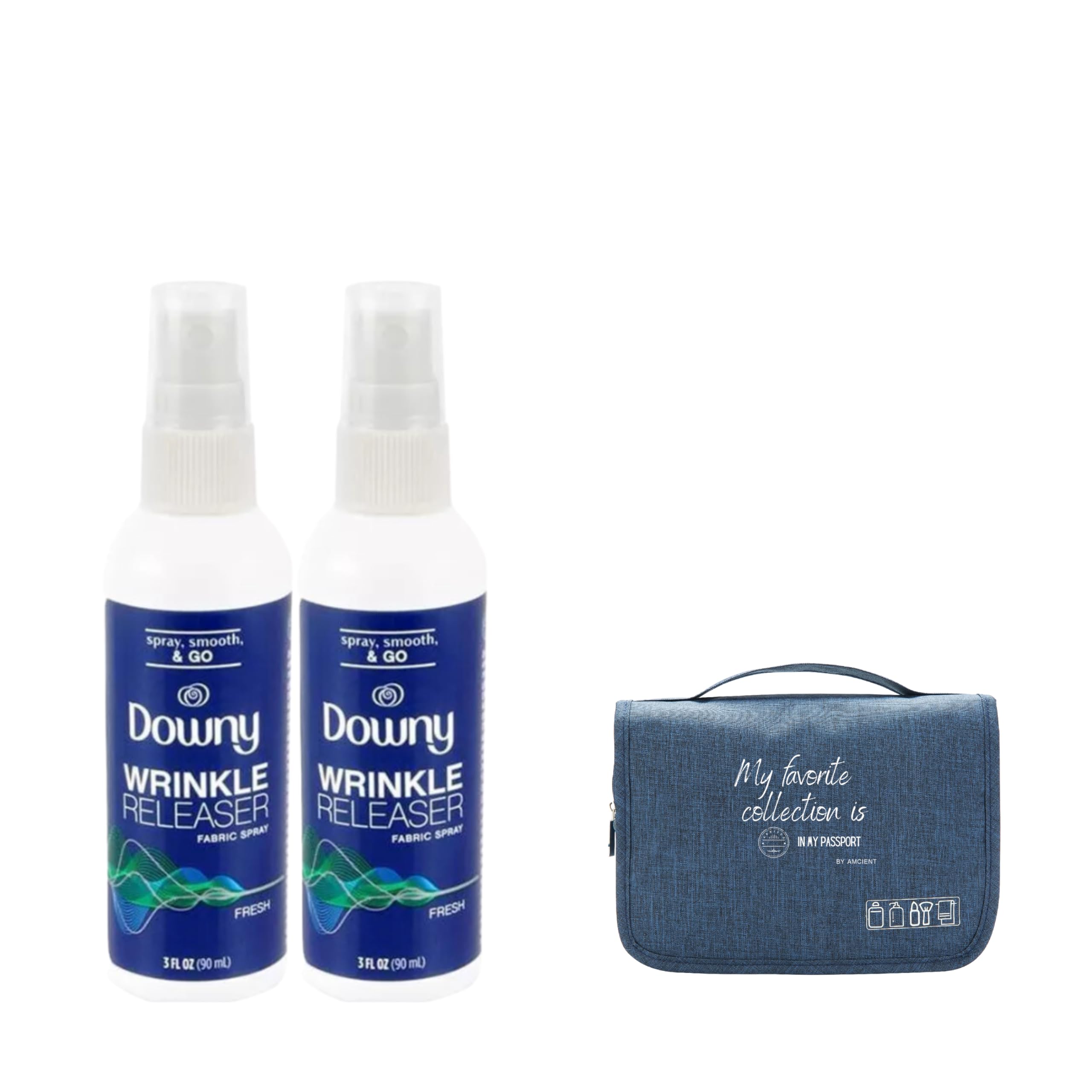 Downy Wrinkle Releaser Spray Travel Size 2 Packs (3 oz Each) Bundle with Hanging Toiletry Bag by AMCIENT