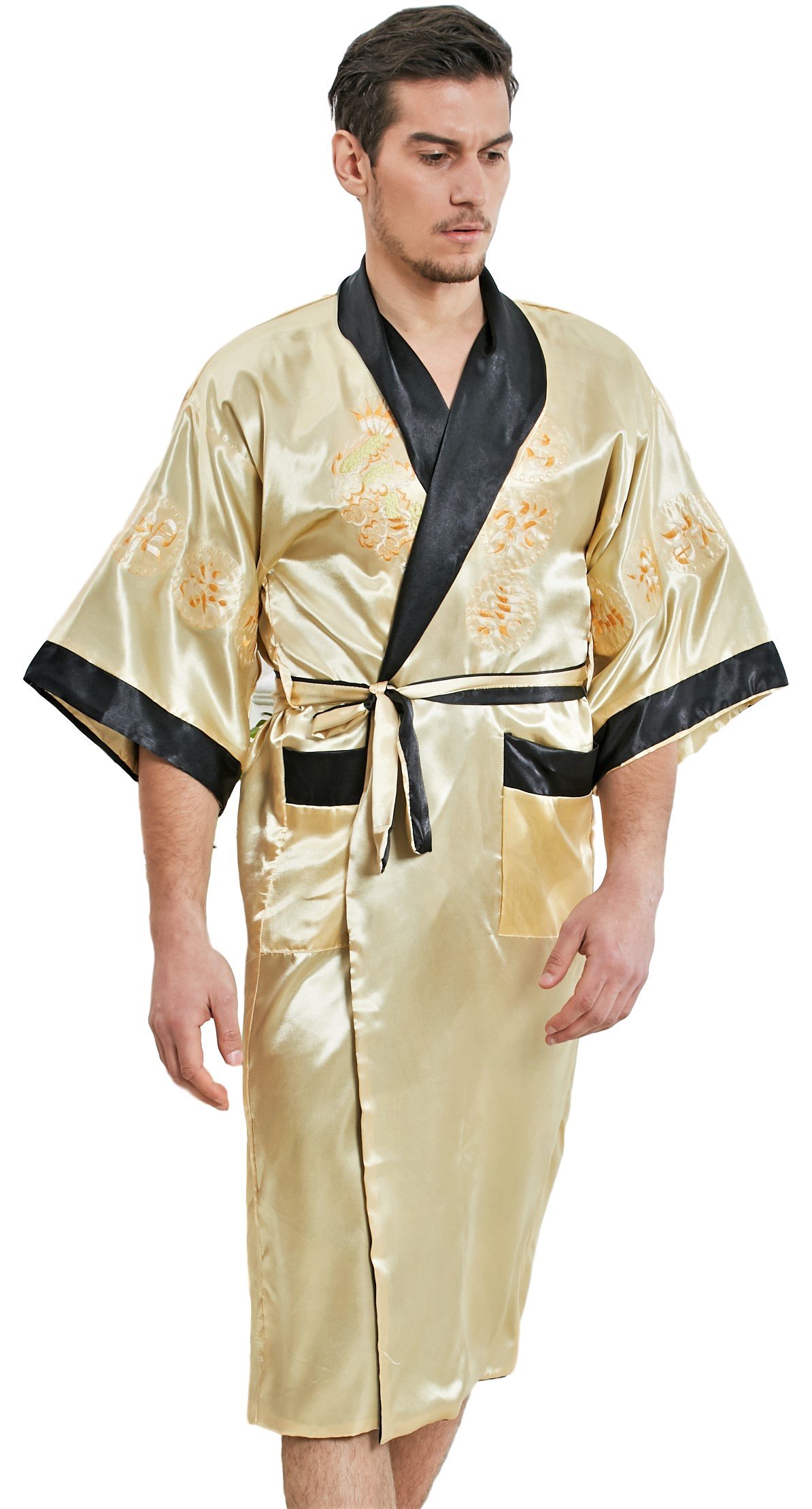 samurai JP Men's Kimono Robe Style Satin Relaxation Bathrobe (Dragon Series/Night Gown) With Towel