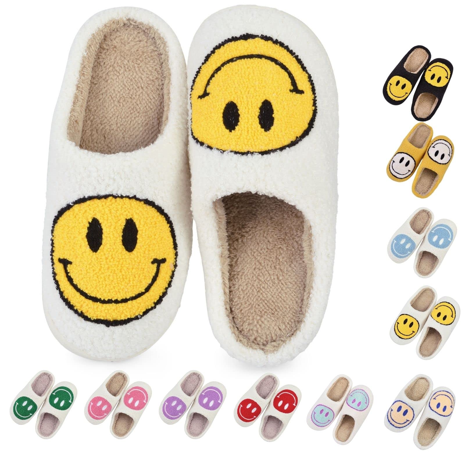 Smiley Face Slippers Warm Preppy Slippers Winter Plush Fluffy Shose Cute Anti-Slip Cloud Slides for Women