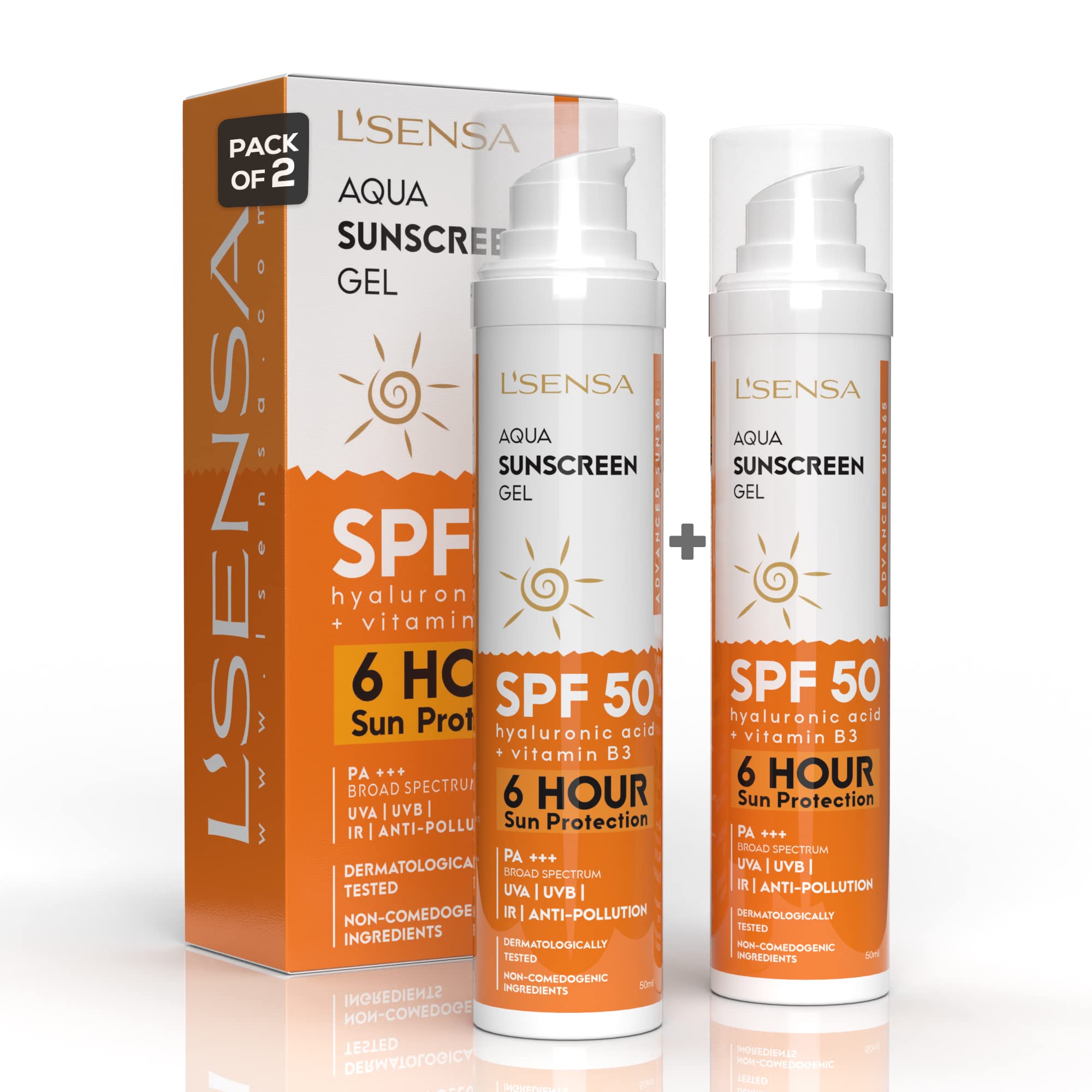 L'SENSA Sunscreen SPF 50 P+++, (Pack of 2) 6hr Sun Protection & Waterproof, Made with Korean Technology, Free from Oxybenzone, For Oily, Sensitive & Ace Prone Skin, Make-Up Friendly For Women & Men