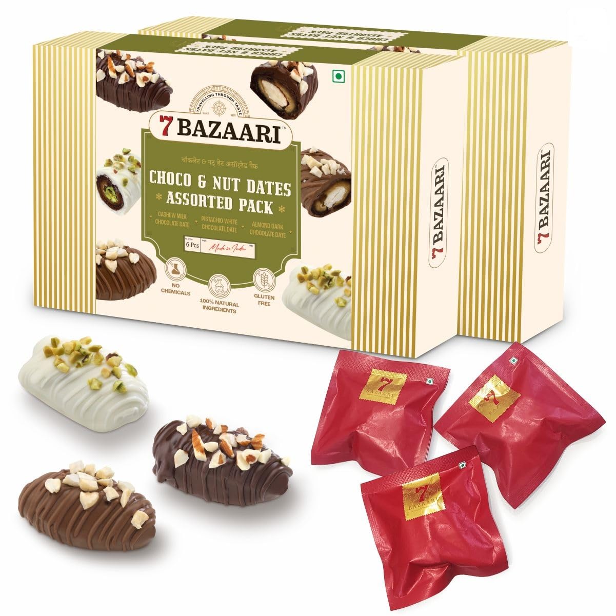 7 BAZAARI™ Choco & Nut Dates Assorted Pack – Cashew Milk, Pistachio White, & Almond Dark Chocolate Dates. Gluten-Free, 6 Pieces each (228g). Premium Indian Mithai & Festive Gift!