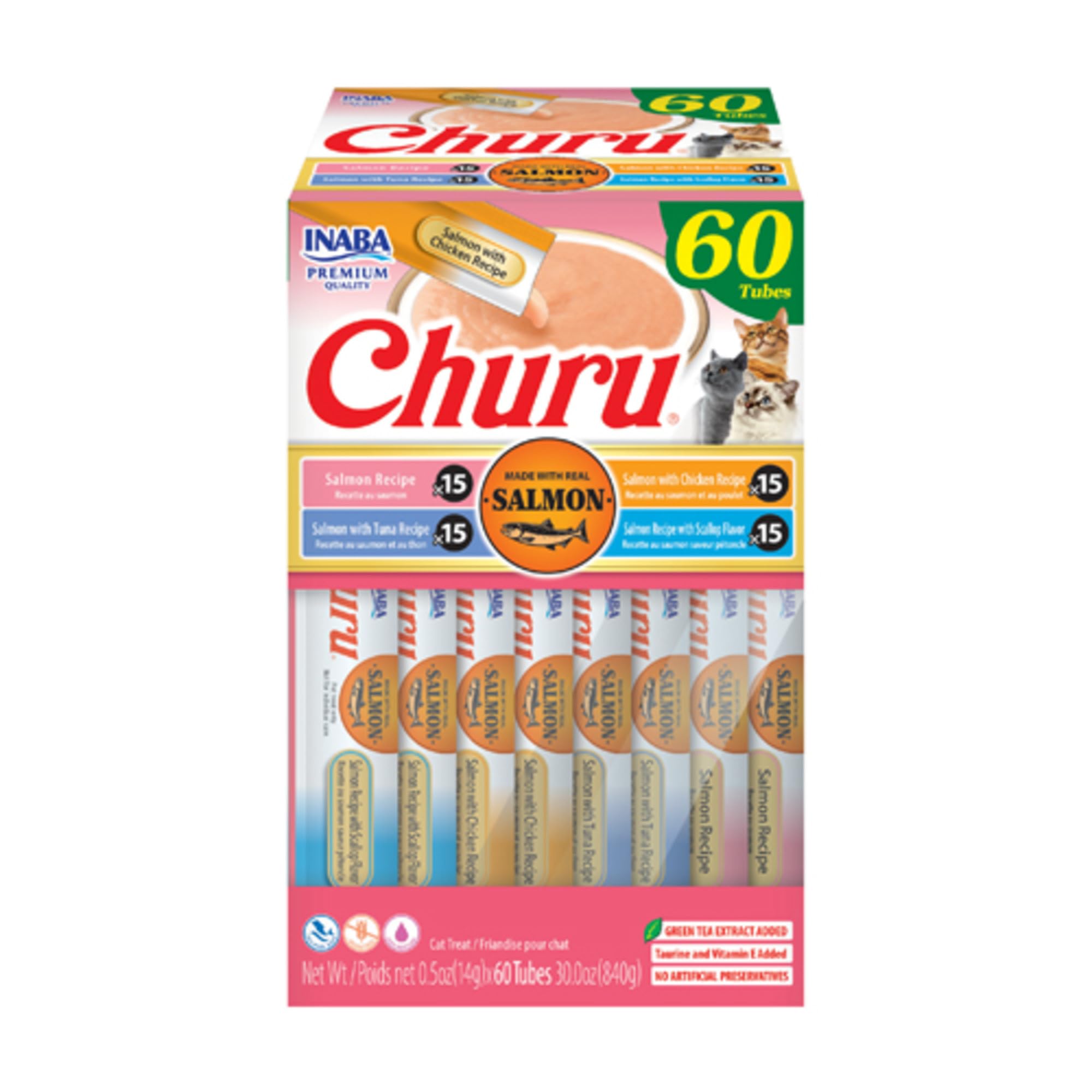 INABA Churu Cat Treats, Lickable, Squeezable Creamy Purée Cat Treat with Green Tea Extract & Taurine, 0.5 Ounces Each Tube, 60 Tubes, Salmon Variety Box