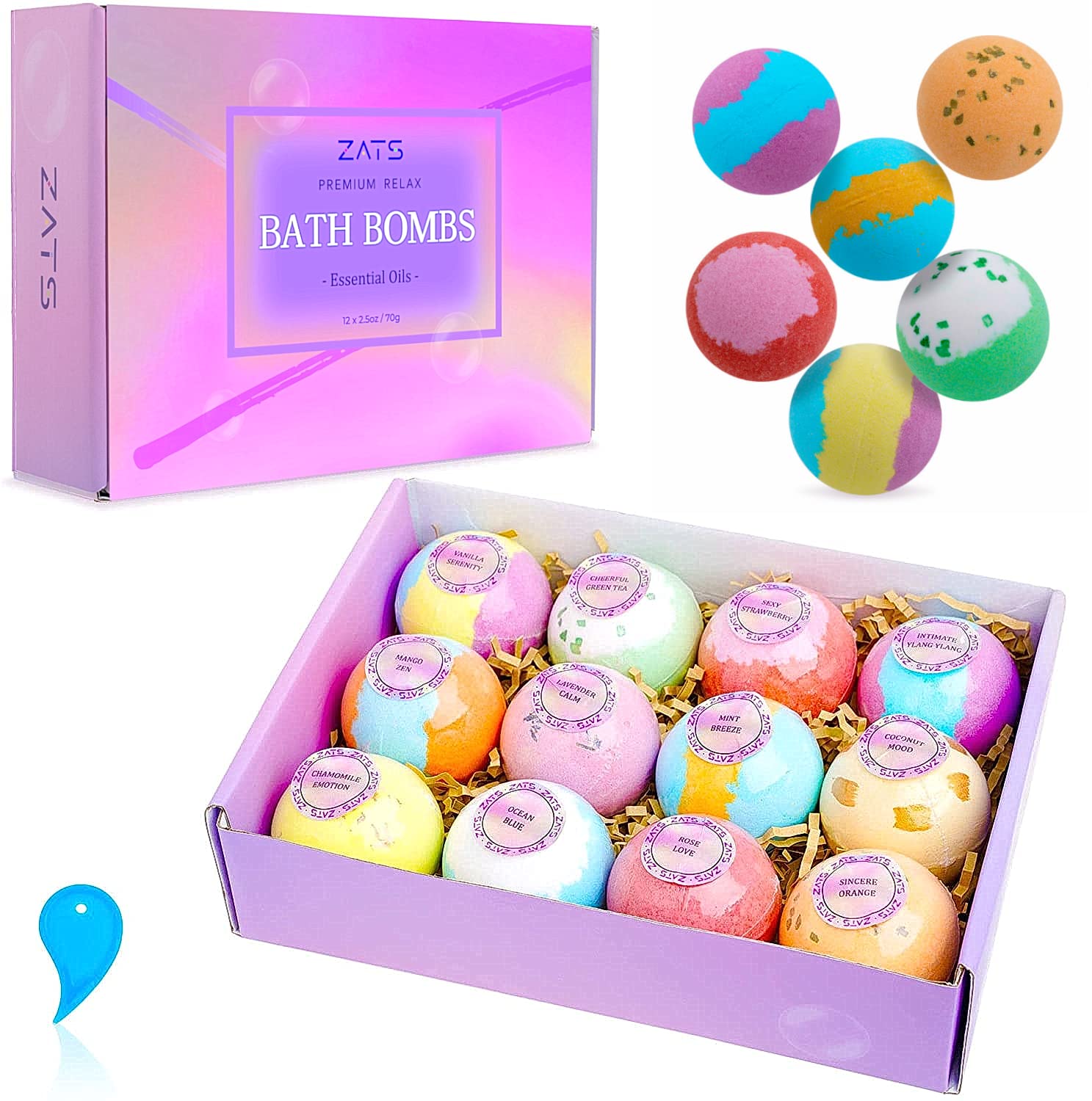 ZATS Bath Bombs Gift Set 12 Pack, Fizzy Bubble Spa Kit with Organic Essential Oil, Shea Dry Skin Moisturize, Birthday Gift Idea for Her, Kids, Teen Girls, Mom, Men, Women, Friends