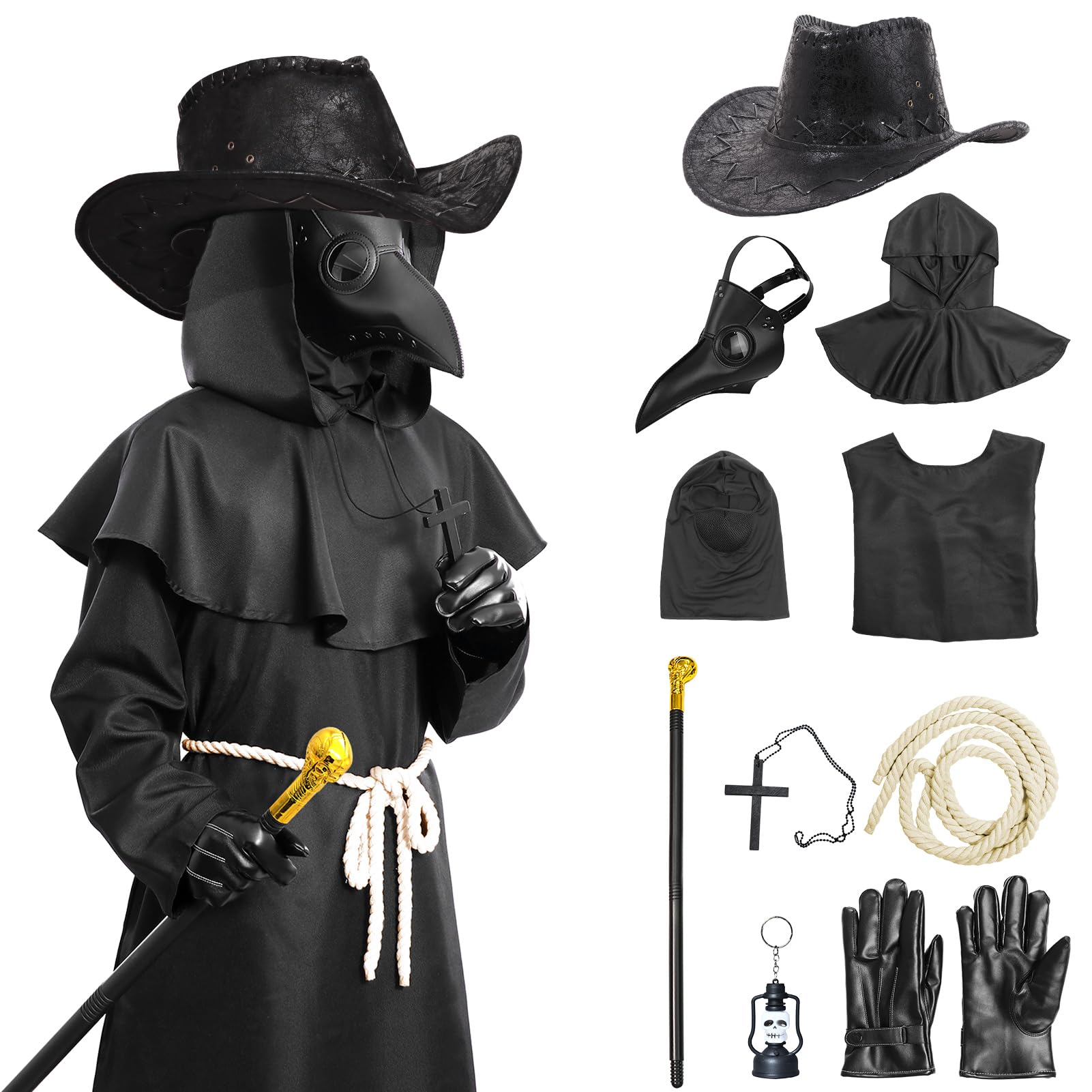 AmycutePlague Doctor Costume Set Halloween Props Medieval Monk Priest Renaissance Cosplay Mask Cloak Robe Cane Hat