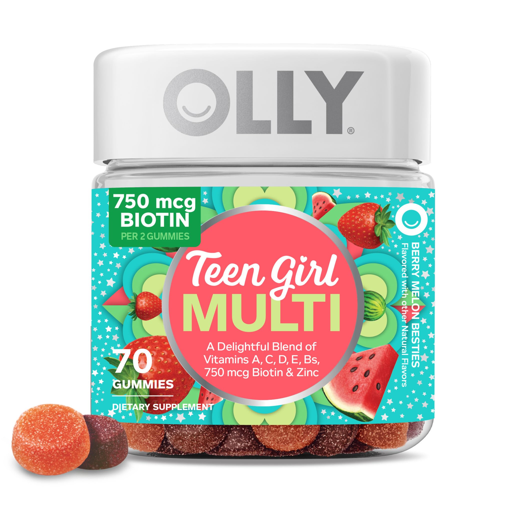 OLLYTeen Girl Multi Gummy, Healthy Skin and Immune Support, 15 Essential Vitamins, Biotin, Zinc, Calcium, Chewable Multivitamin, Berry Melon, 35 Day Supply - 70 Count