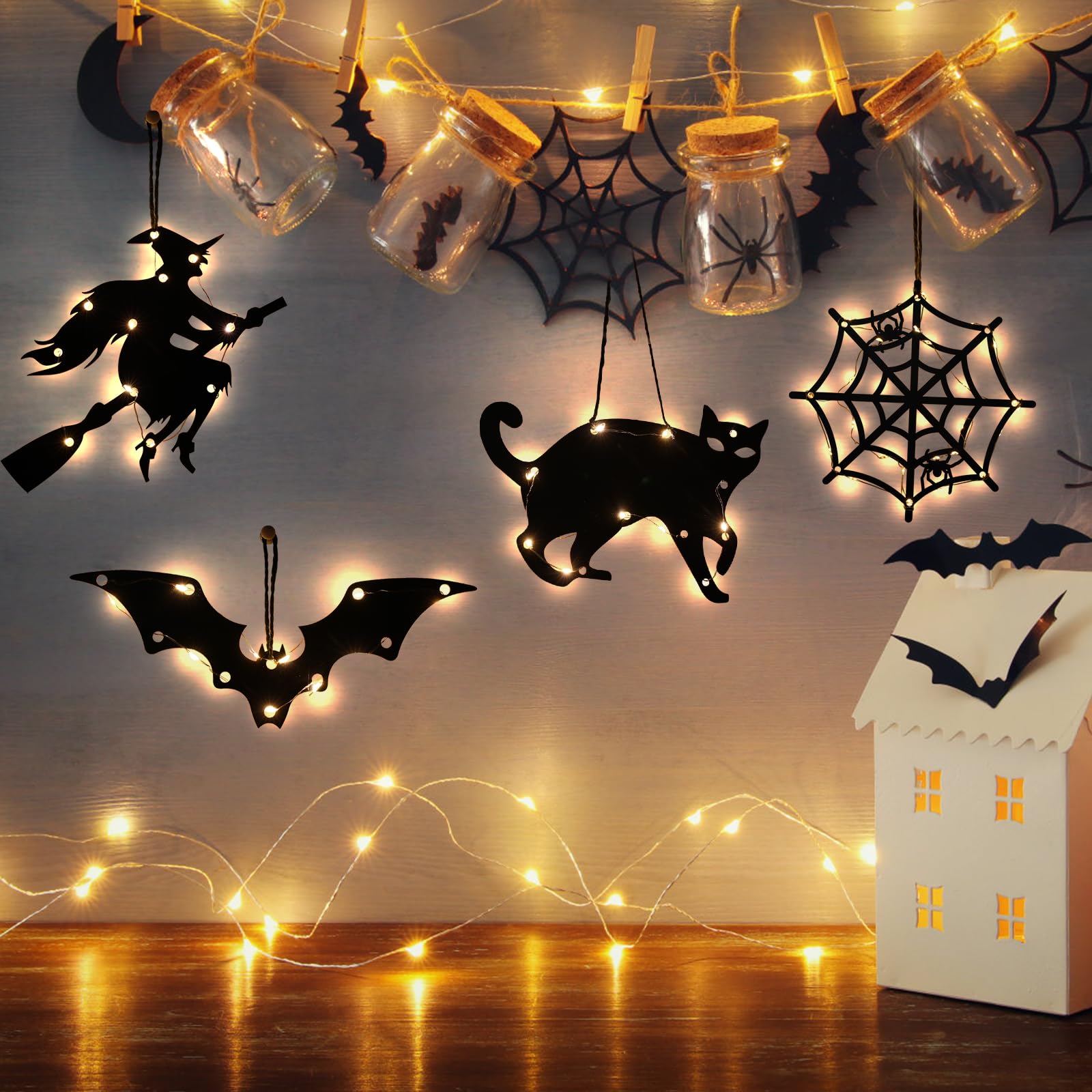 CNMTCCO Halloween Decoration Lights 4 Pcs Set, Pumpkin Spider Spooky Castle LED Decoration Hanging Lights Window Lights Halloween Lights, Halloween Party Indoor Decoration (Darkly)