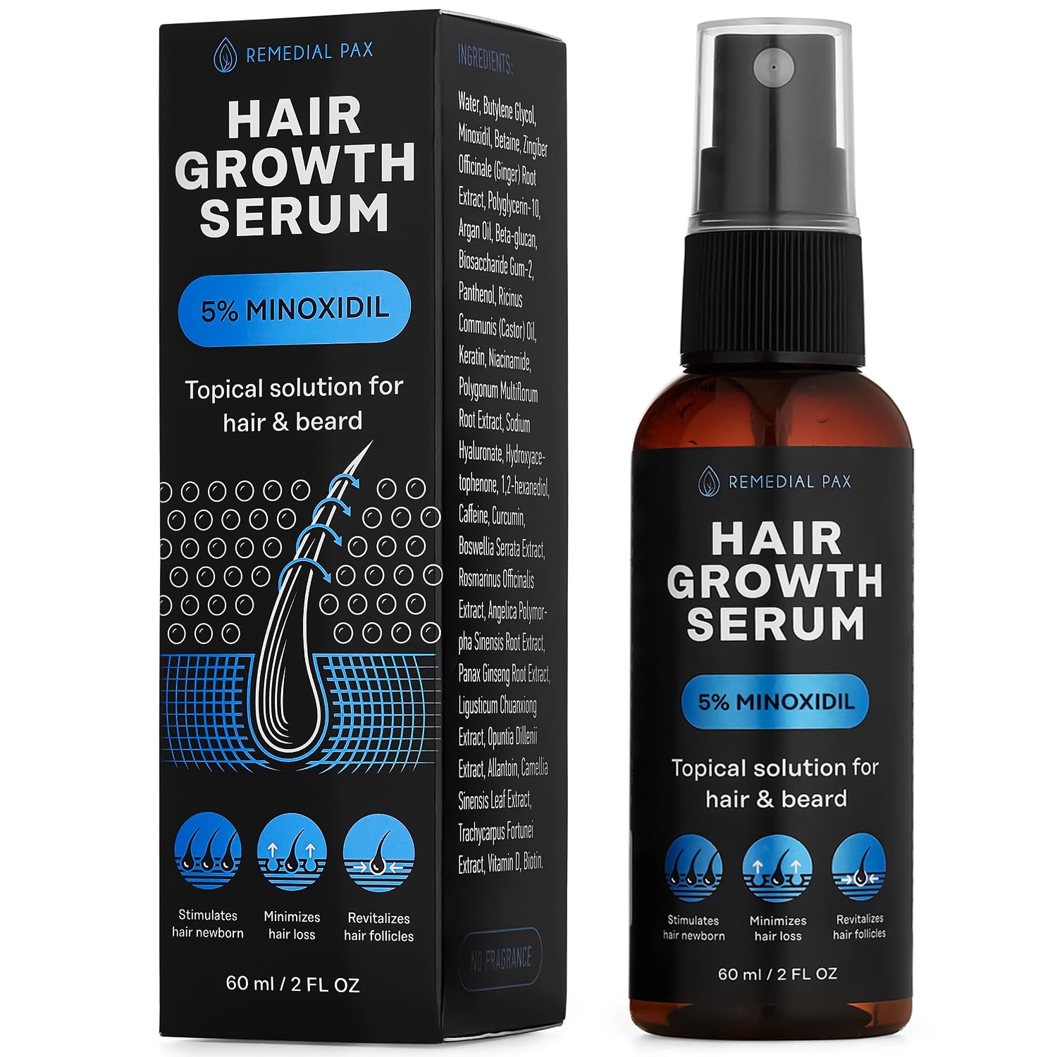 Hair Growth Serum, 5% Minохidil & Biоtin for Men and Women, Stop Hair Loss and Thinning, Natural Organic Growing Spray for Hair Regrowth, All Hair Types, 2 Fl Oz