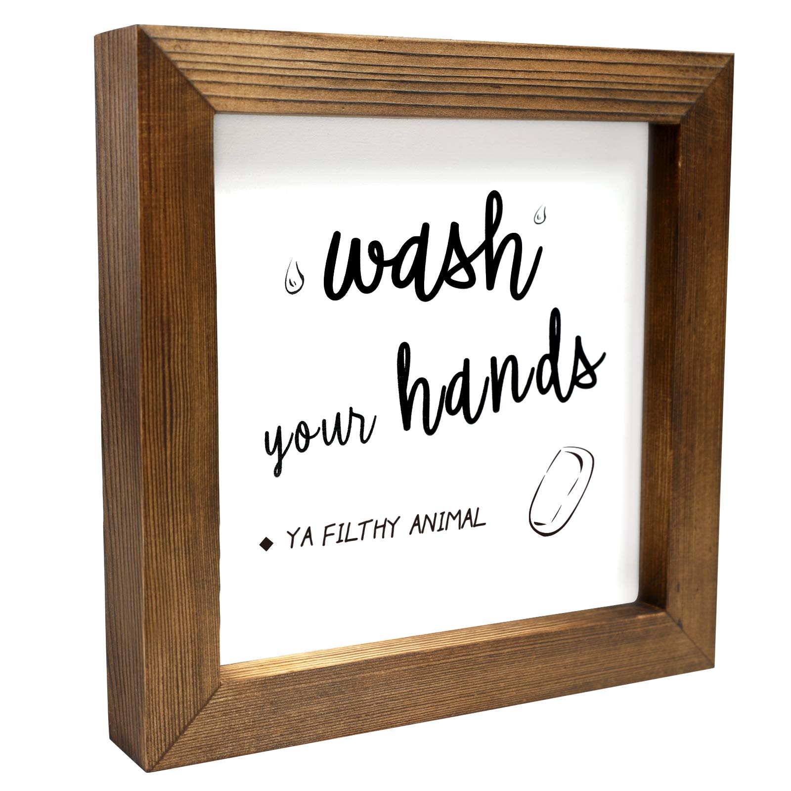 YOULEY Wash Your Hands Ya Filthy Animal Sign, Funny Signs for Rustic Farmhouse Wall Decor Bathroom Wooden Box Wall Art with Quotes 7x7 Inch