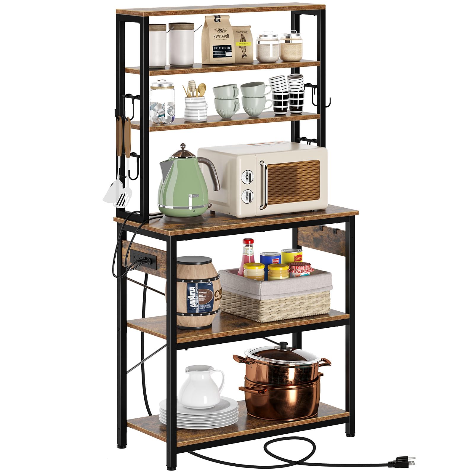 Rolanstar Baker's Rack with 4AC Power Outlet, 59.1in Microwave Stand with 10 Hooks, Stable Coffee Bar Table, 6-Tier Kitchen Storage Shelf Rack, Rustic