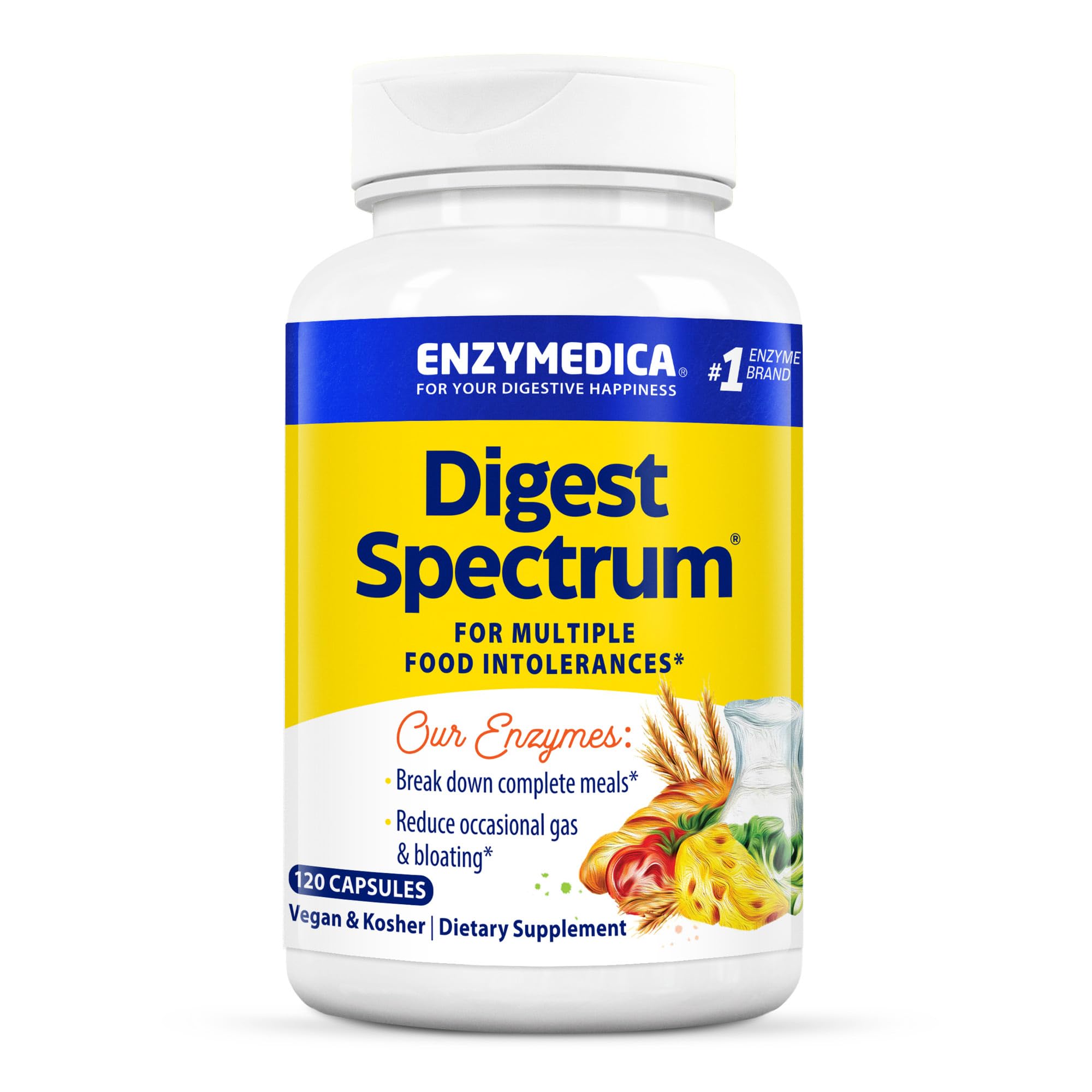 Enzymedica Digest Spectrum, Digestive Enzymes for Multiple Food Intolerances, Offers Fast-Acting Gas & Bloating Relief, 120 Capsules FFP