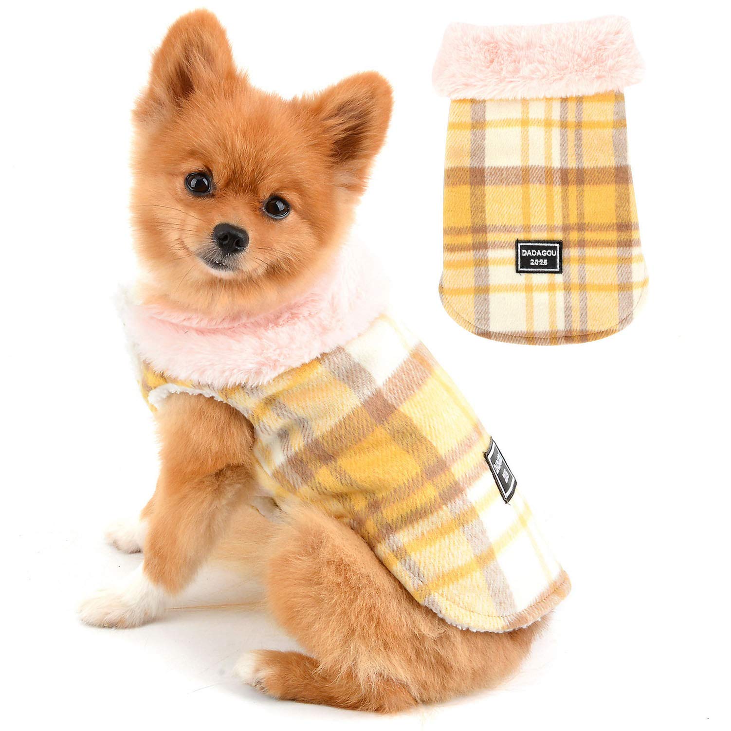 SELMAI Dog Woolen Coat with Faux Fur Collar Warm Fleece Lined Fashion Plaid Winter Pet Clothes for Small Dogs Cats Apparel Puppy Clothing Thick Padded Chihuahua Jacket Cold Weather Windproof Yellow L