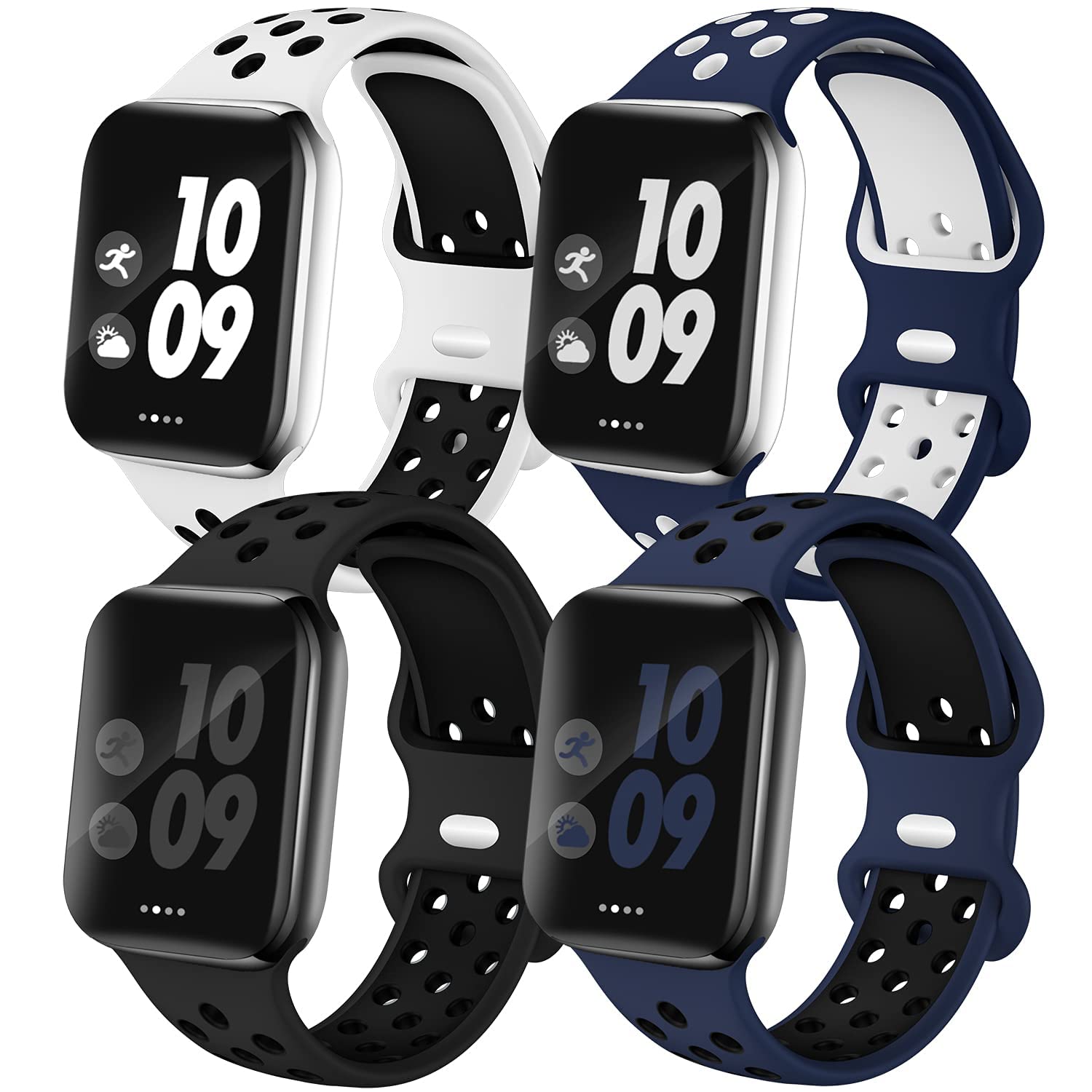 4 Pack Sport Bands Compatible with Apple Watch Band 38mm 40mm 41mm 42mm 44mm 45mm 49mm for Men Women, Soft Silicone Strap Breathable Band for iWatch Series 9 8 7 6 5 4 3 2 1 SE/Ultra, Nike+