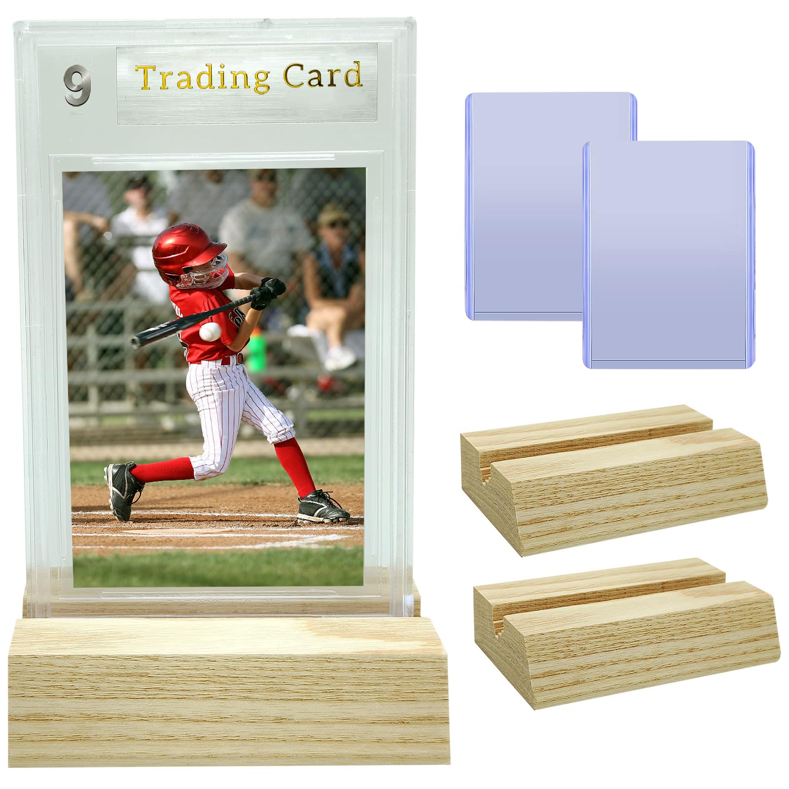 2Pcs Trading Card Display Wood Stand Universal Baseball Card Holder Graded Card Display With Top Loaders Card Sleeves Protectors For Sports Cards,Game Cards,Football Cards