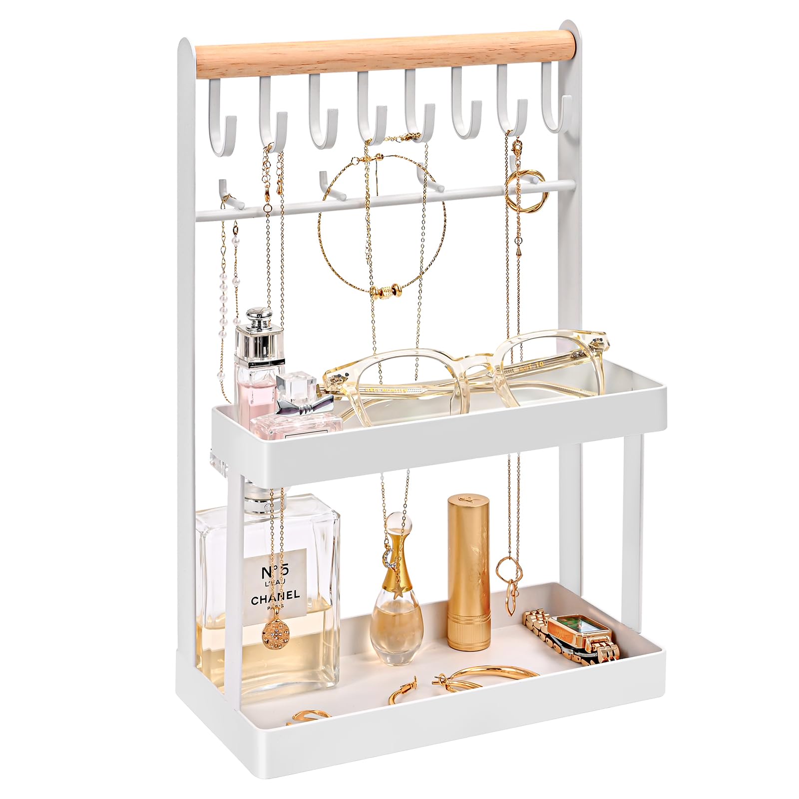 Lolalet Jewelry Organizer Stand Holder, 4-Tier Cute Necklace Holder Stand Rack with 12 Hooks Place Rings Necklaces for Teen Girl Room Decor -White