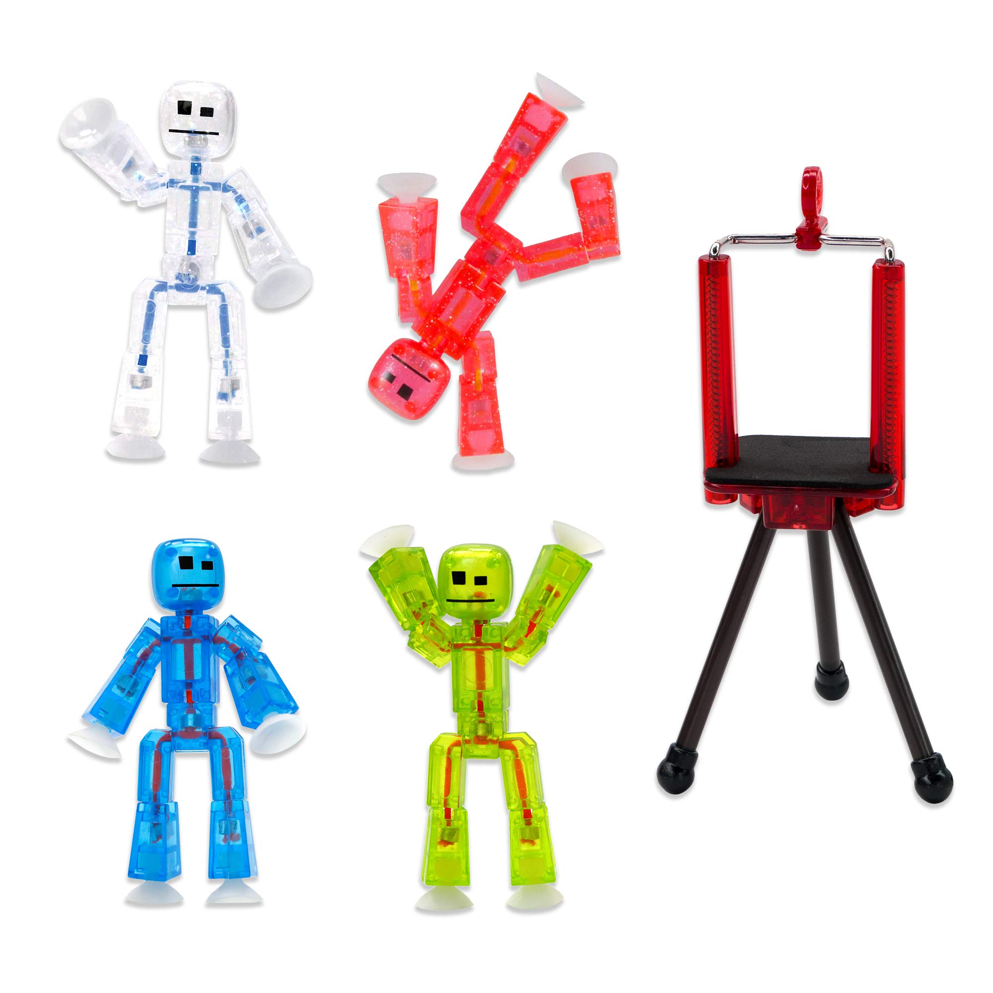 StikBot Zing, Set of 4 Clear Poseable Action Figures and Mobile Phone Tripod