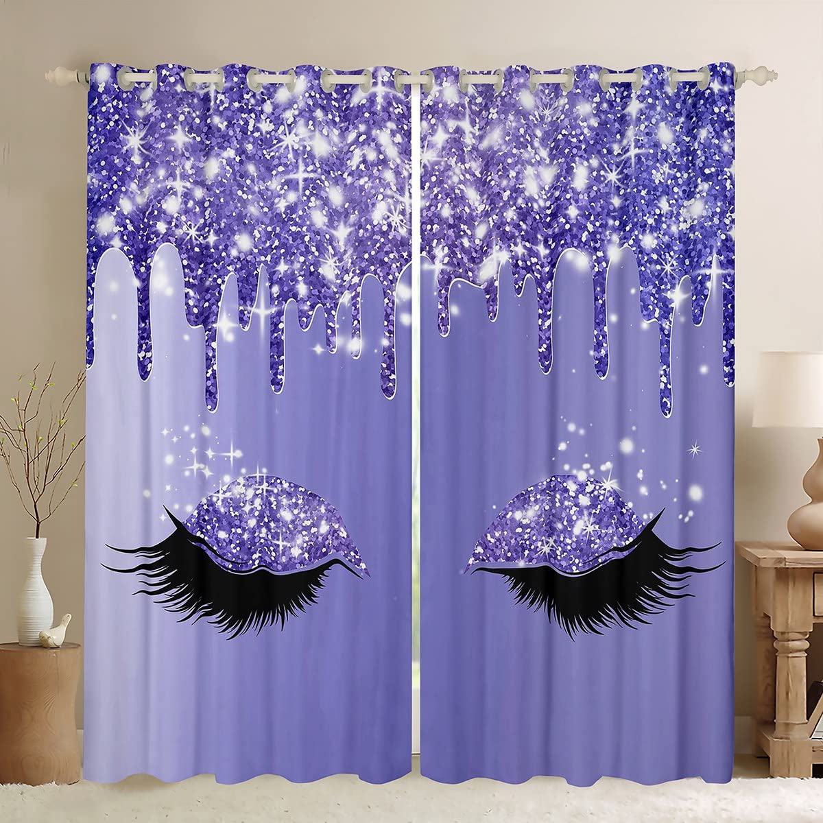 Feelyou Eyelash Curtain Luxury Bling Purple Darkening Window Dreapes for Bedroom Girly Priness Style Blackout Curtains(30%-50%) Bling Shiny Window Treatments Fairy Dreamy (2 Panels, 52 x 84 Inch)