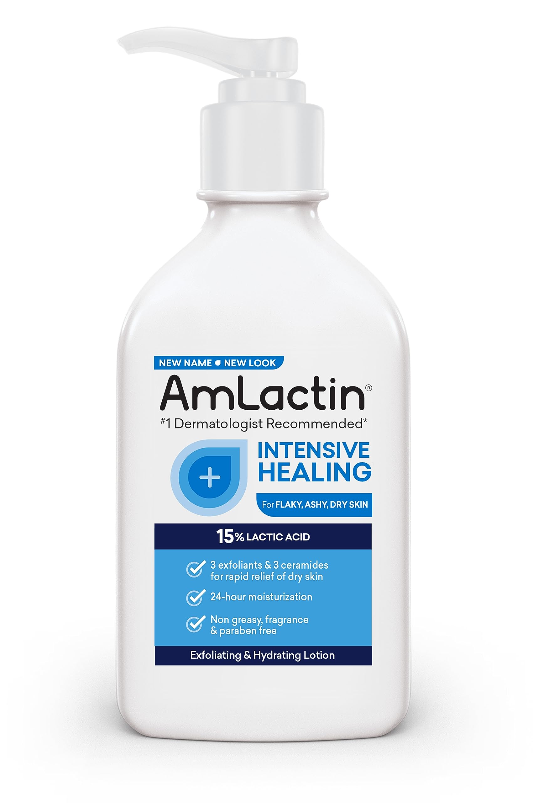 AmLactin Intensive Healing Body Lotion for Dry Skin – 7.9 oz Pump Bottle – 2-in-1 Exfoliator and Moisturizer with Ceramides and 15% Lactic Acid for 24-Hour Relief from Dry Skin (Packaging May Vary)